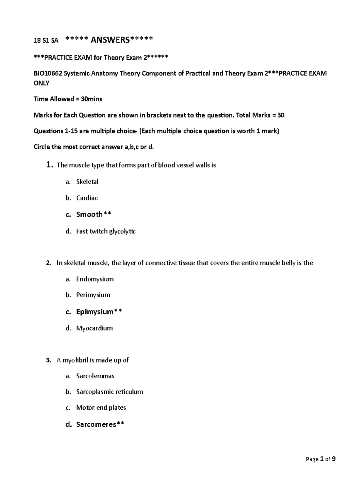 Exam 2 2018, answers - 18 S1 SA ***** ANSWERS***** ***PRACTICE EXAM for ...