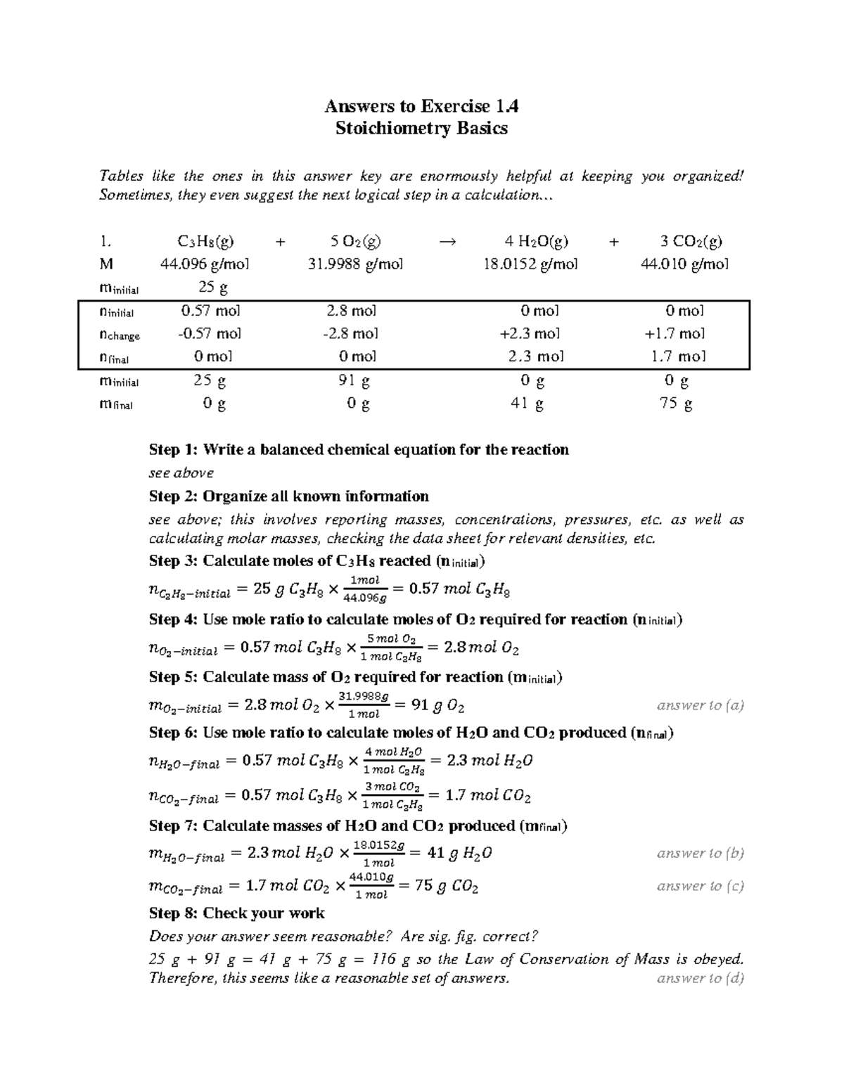 Chem1000 Exercise 1 - Answers To Exercise 1. Stoichiometry Basics 