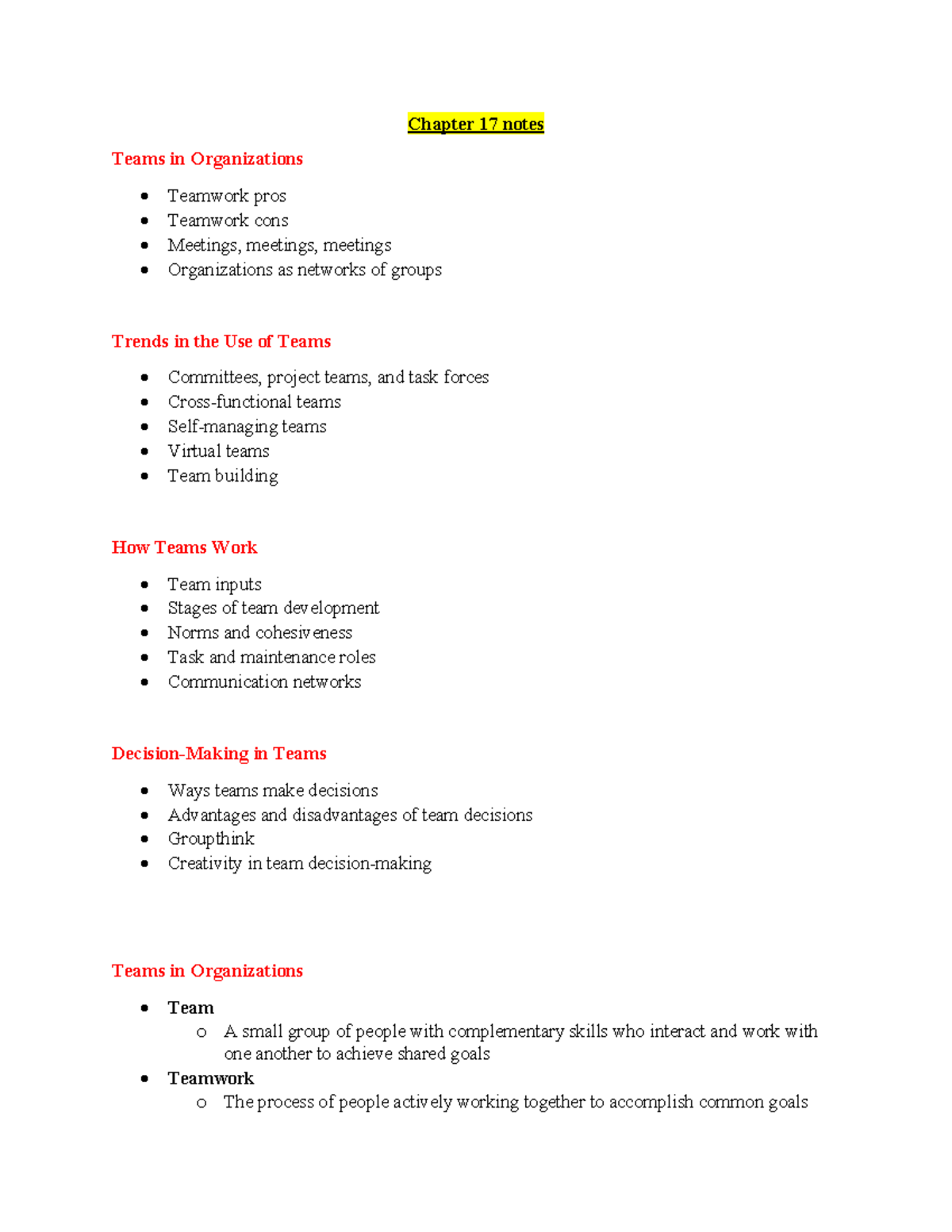 Chapter 17 notes - Chapter 17 notes Teams in Organizations Teamwork ...