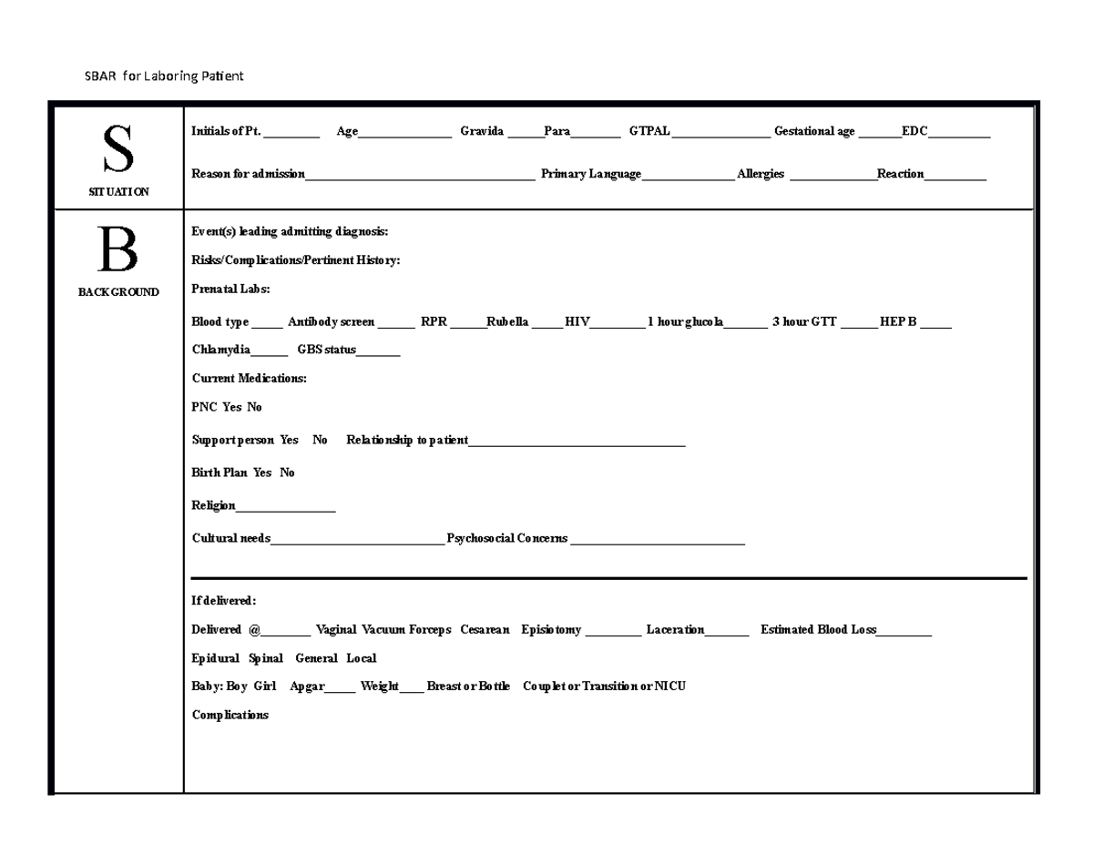 SBAR for Laboring 1 - _________ Age_______________ Gravida Para__ GTPAL ...