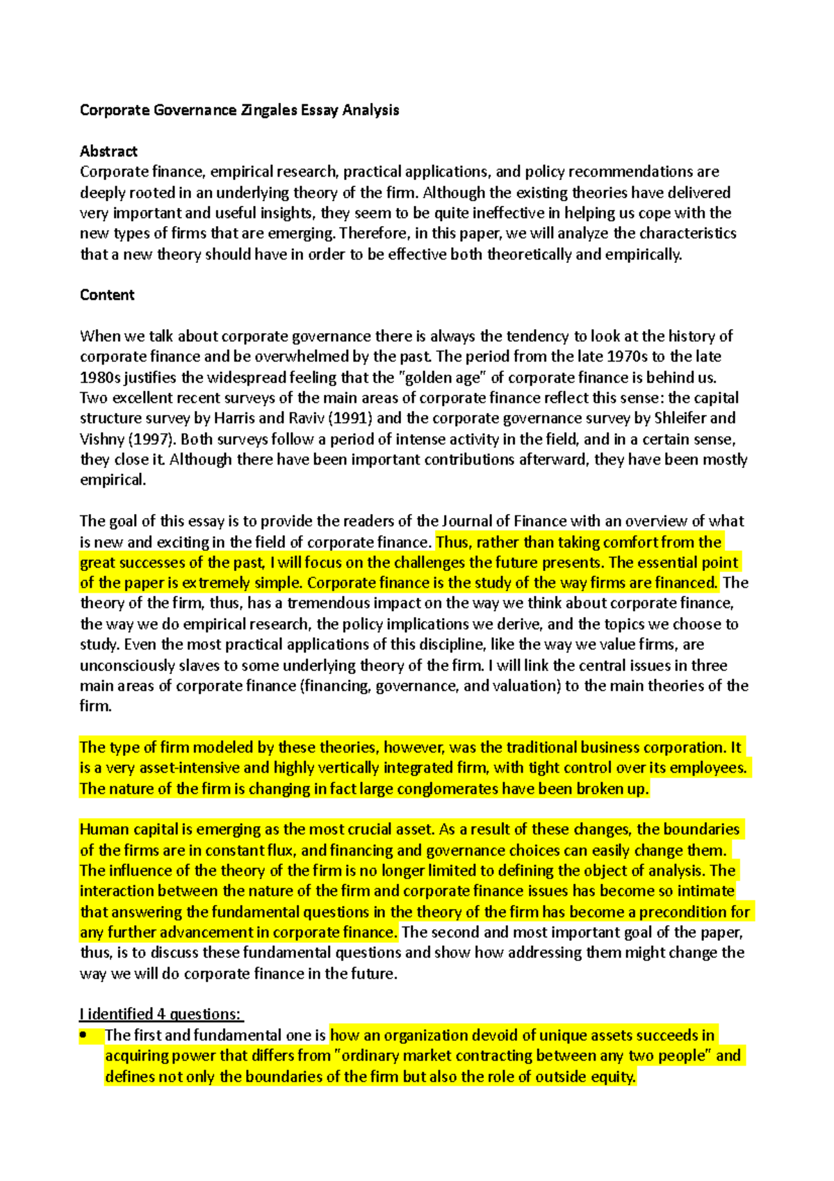 Zingales Essay Analysis Corporate Governance Zingales Essay Analysis