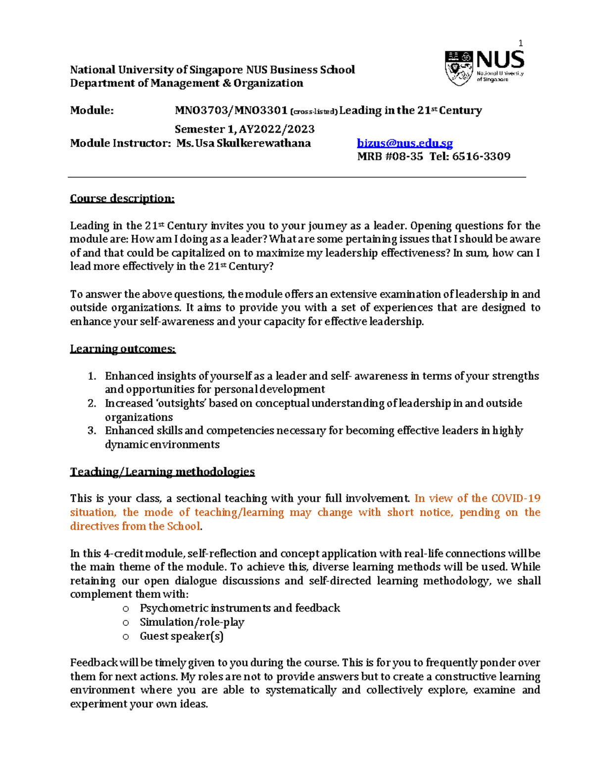 MNO3703 - Syllabus - National University of Singapore NUS Business ...