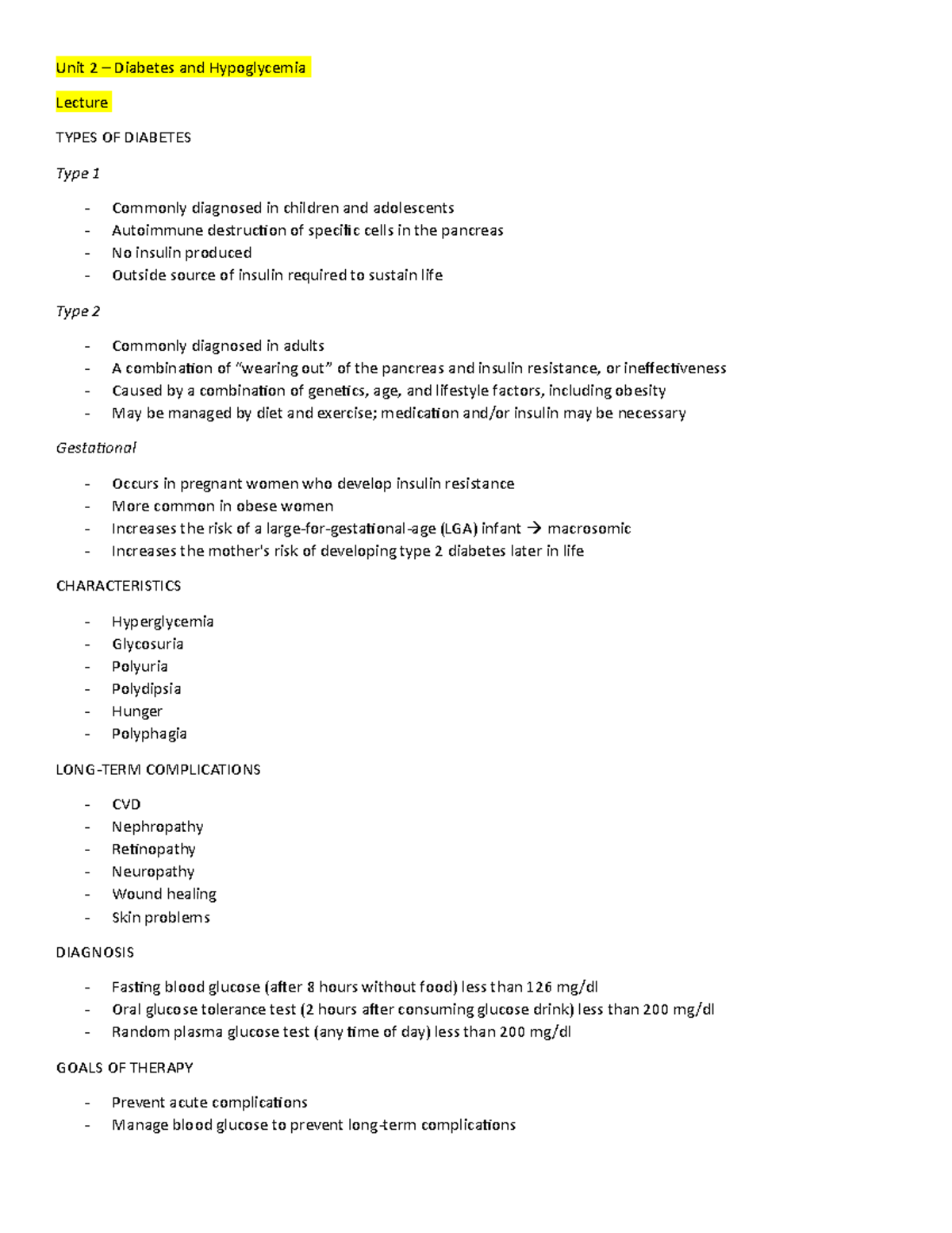 Unit 2 - Lecture 3 - Exam 2 - Unit 2 – Diabetes and Hypoglycemia ...