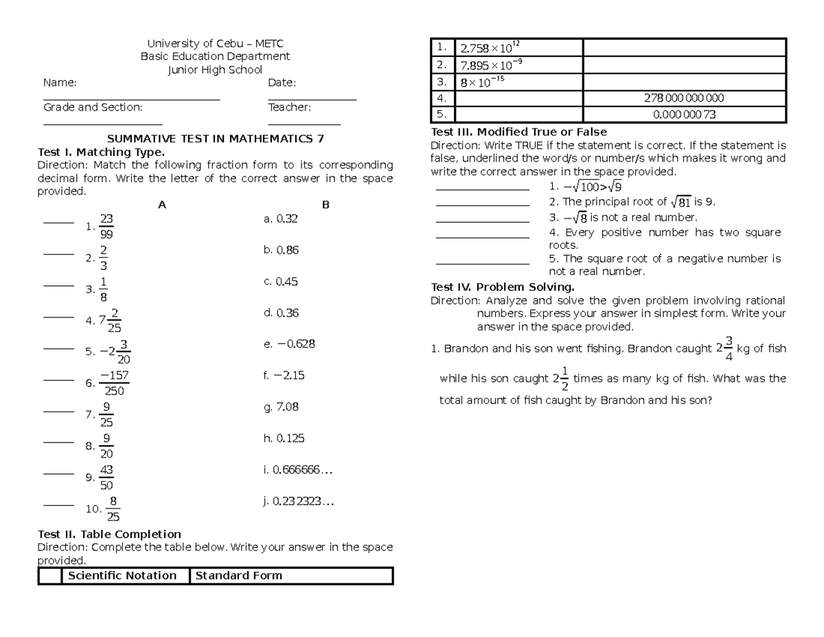 ST in Math 7 (Rational Numbers - Scientific Notation) - University of ...