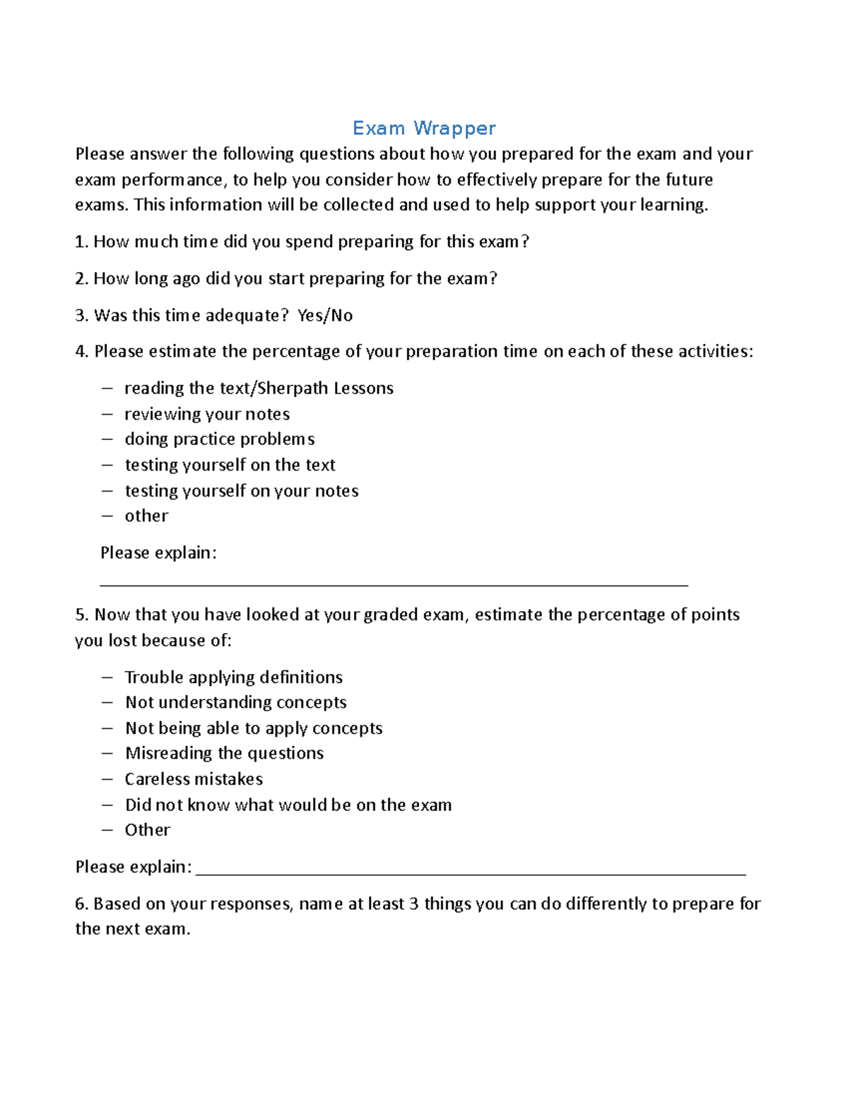 DraftExamWrapper exam wrapper template Exam Wrapper Please answer