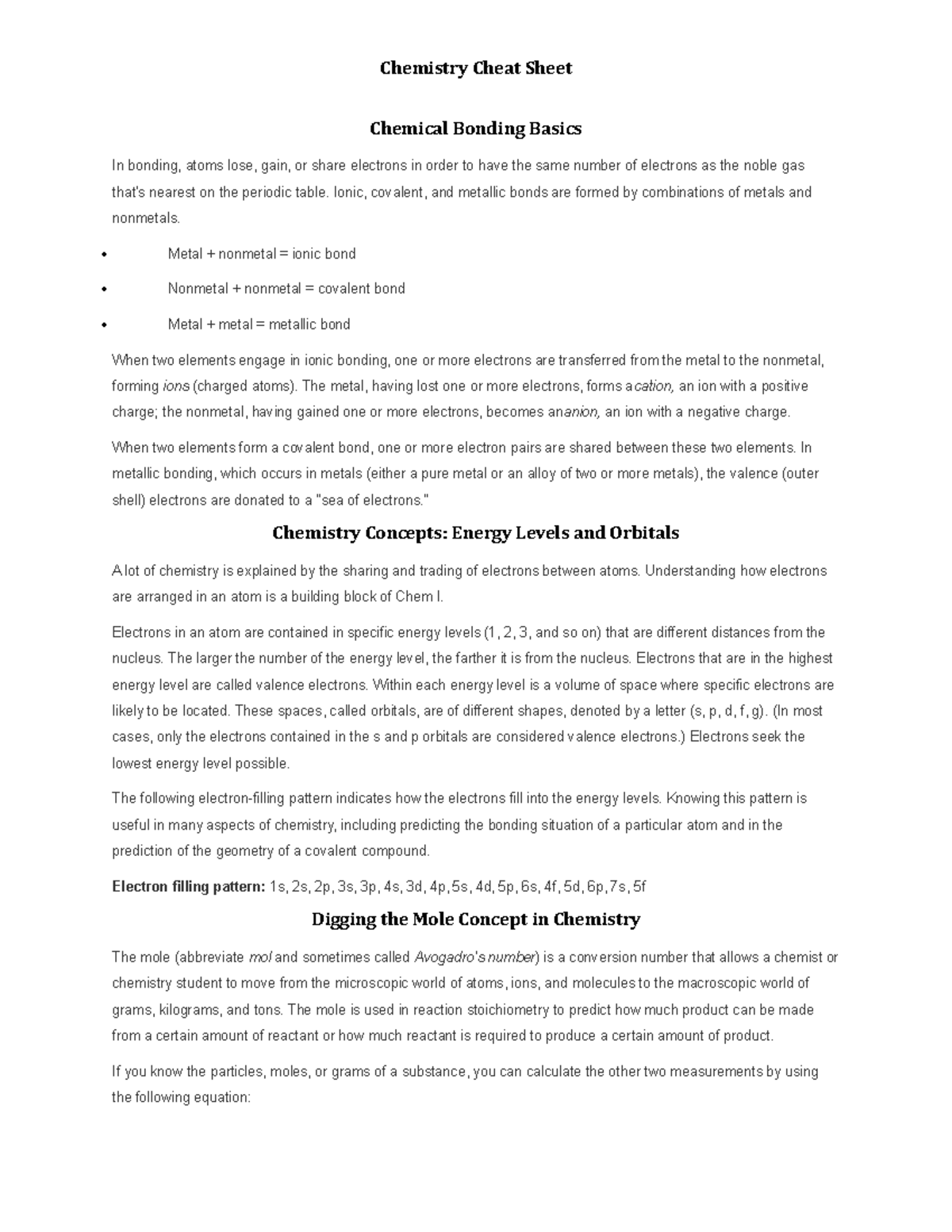 Chem 101 Cheat Sheet - Chemical Bonding Basics In Bonding, Atoms Lose ...