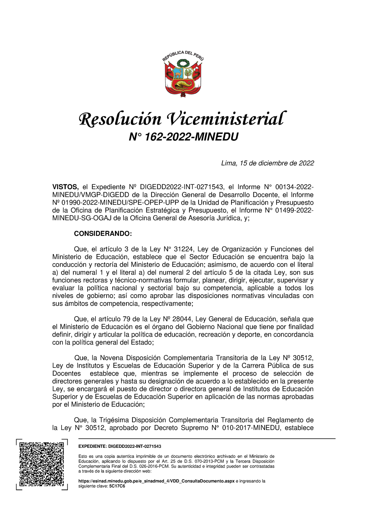 Resolucion VICE Ministerial-00162-2022- Minedu - EXPEDIENTE: DIGEDD2022 ...