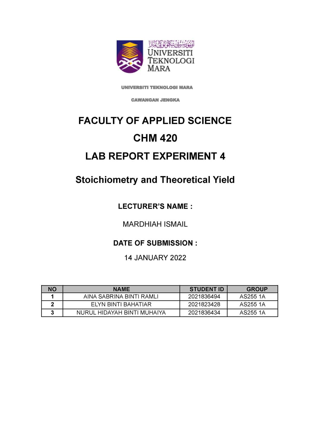 CHM 420 LAB Report - UNIVERSITI TEKNOLOGI MARA CAWANGAN JENGKA FACULTY ...