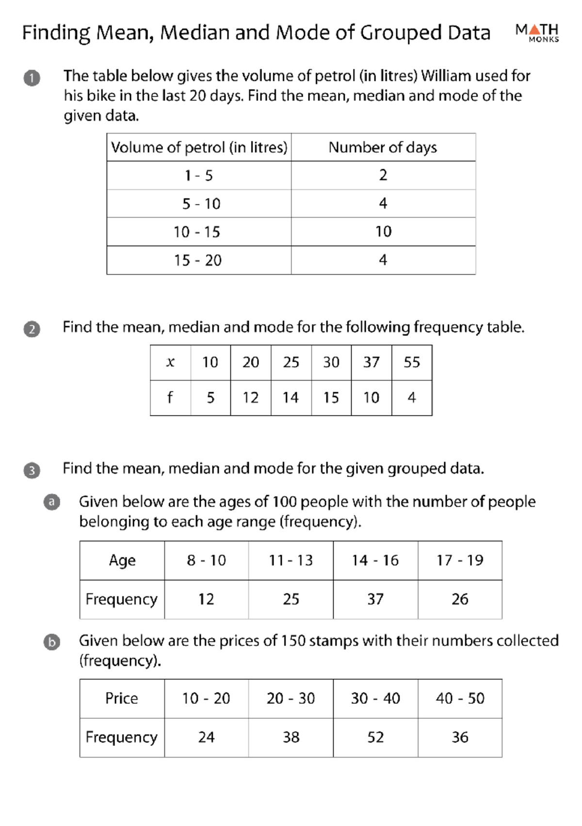 Mean Median and Mode of Grouped Data Worksheets - Finding Mean, Median ...