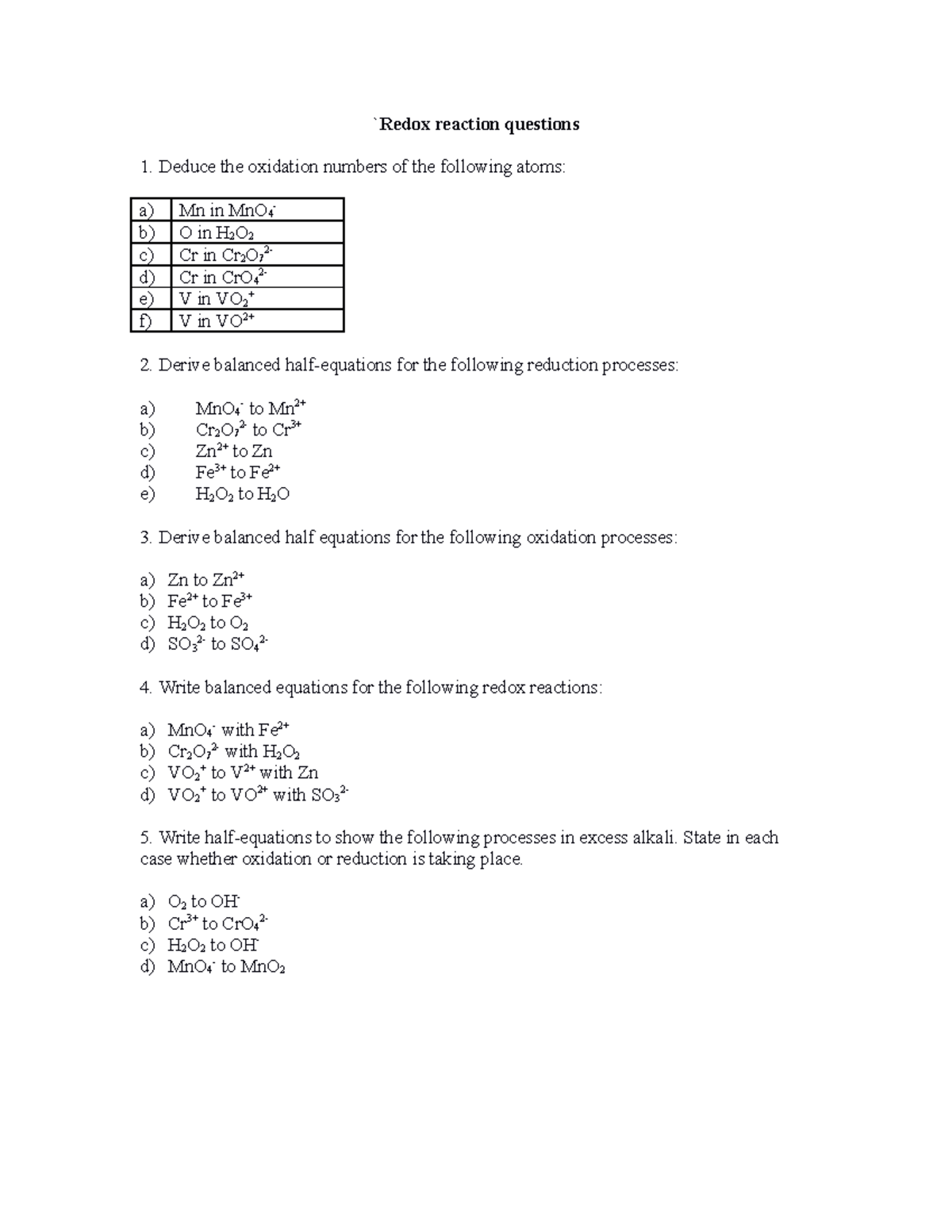 2. Questions - Redox - A worksheet that covers oxidation numbers ...