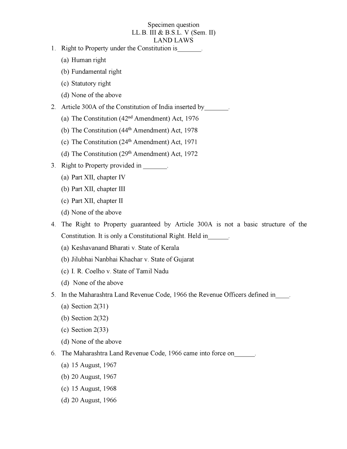 mcq-land-laws-law-specimen-question-ll-iii-b-s-v-sem-ii-land