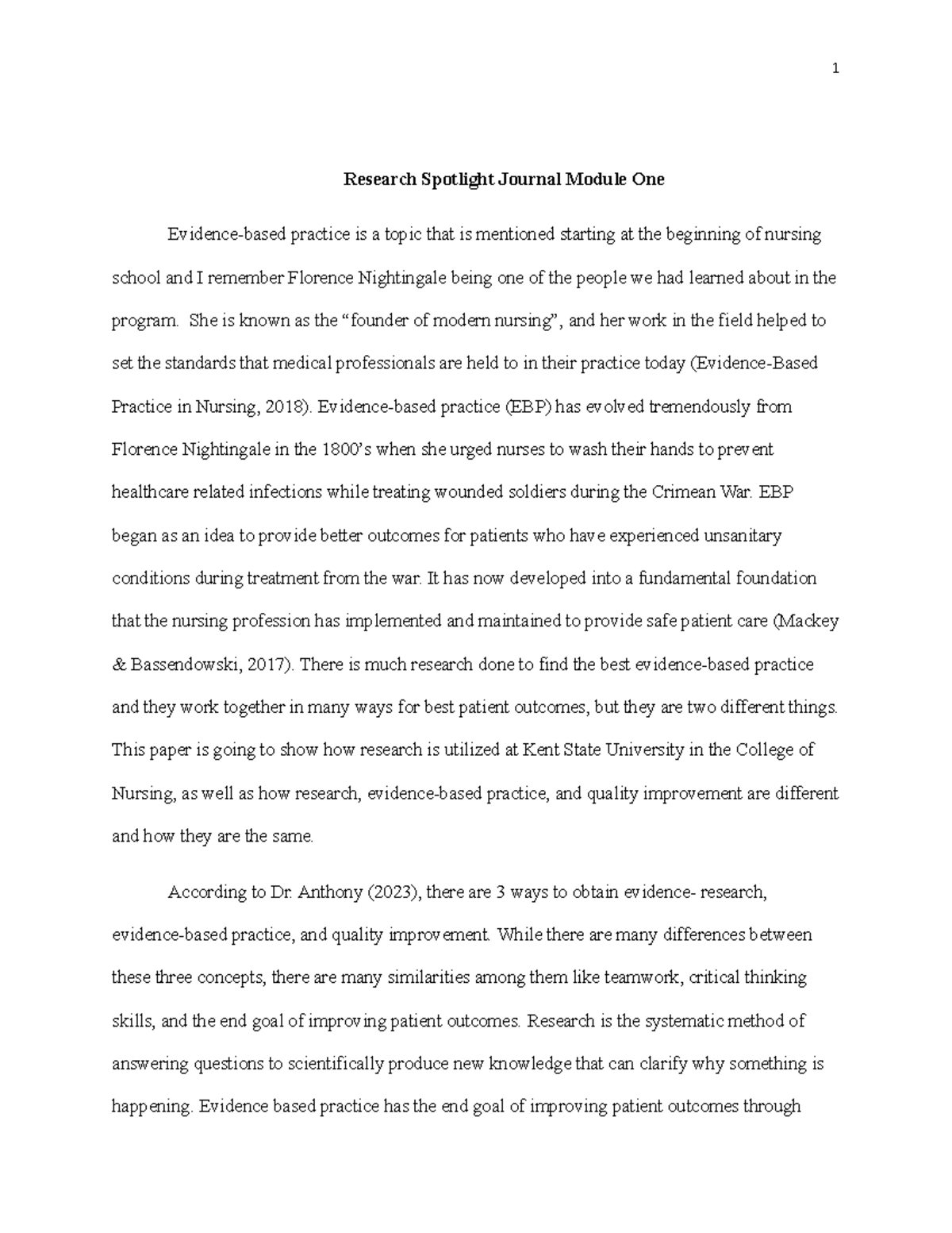 EBP research spotlight - 1 Research Spotlight Journal Module One ...