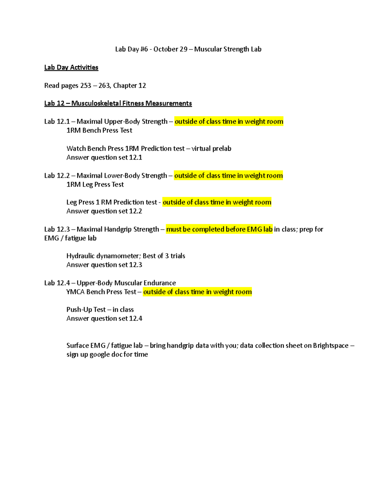 DPT 703 Lab Day #6 Muscular Strength Lab2 - Lab Day #6 - October 29 ...