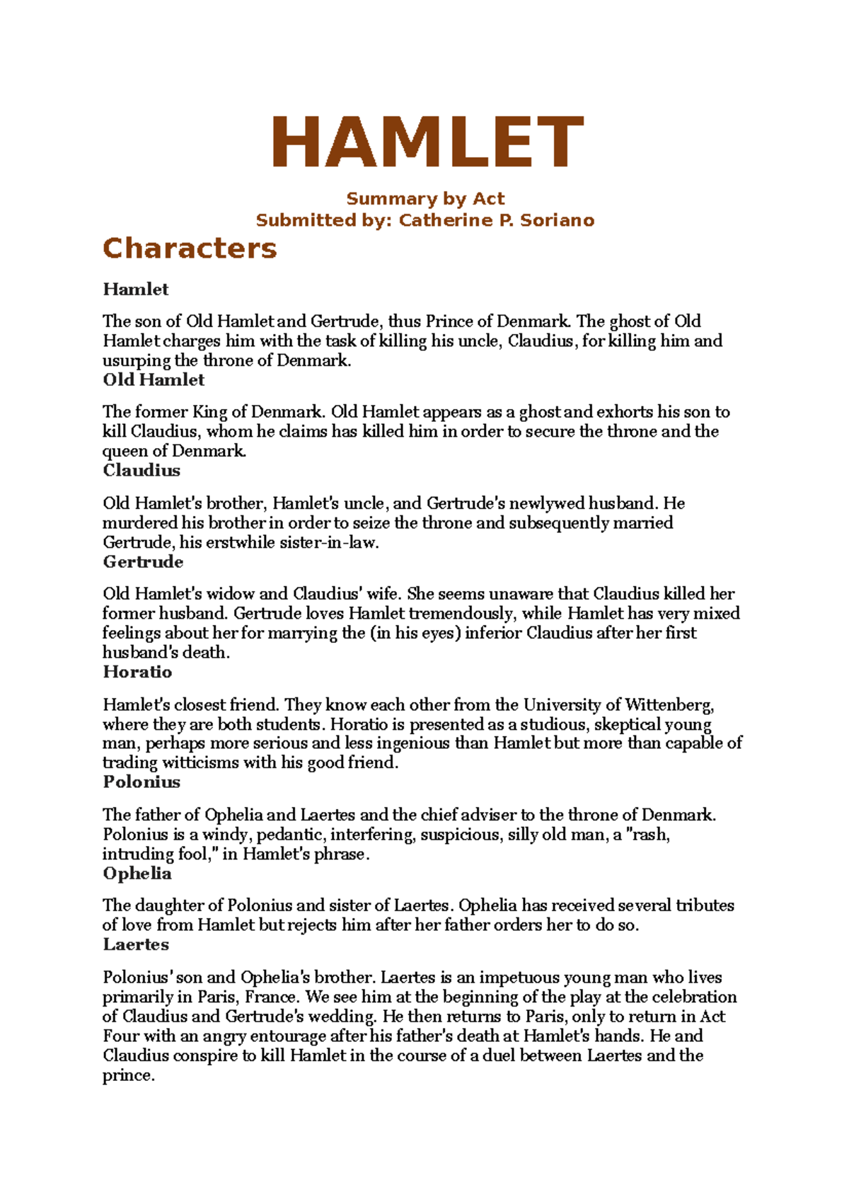 Hamlet SUMMARY PER ACT HAMLET Summary By Act Submitted By 