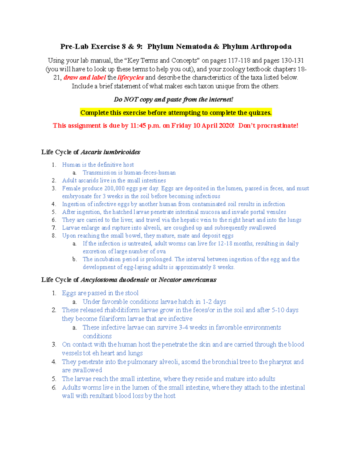 Pre-Lab for Nematoda and Arthropoda - Pre-Lab Exercise 8 & 9: Phylum ...