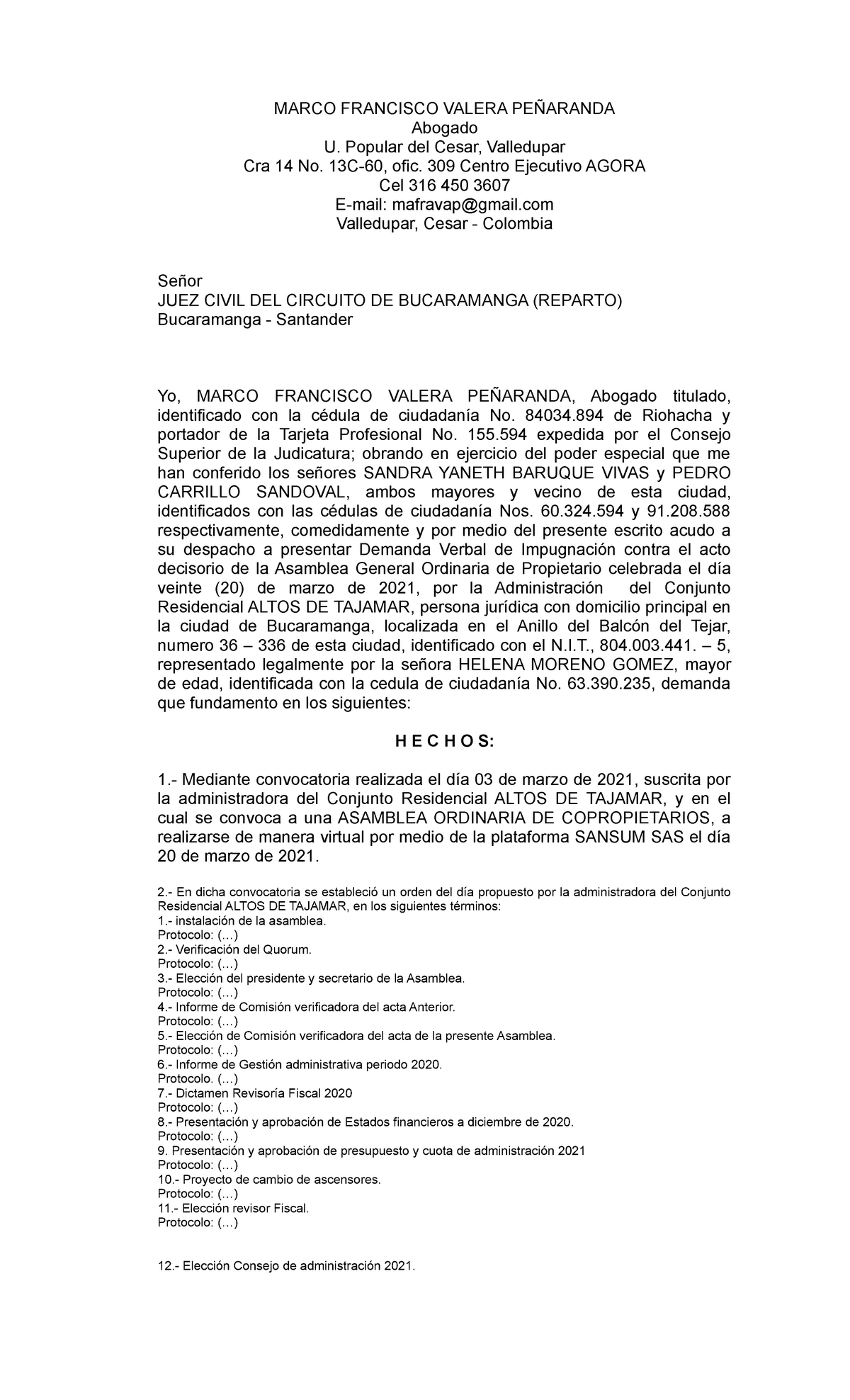 Demanda Impugnacion Asamblea Ordinaria Conjunto Residencial Altos DE  Tajamar 20 - MARCO FRANCISCO - Studocu