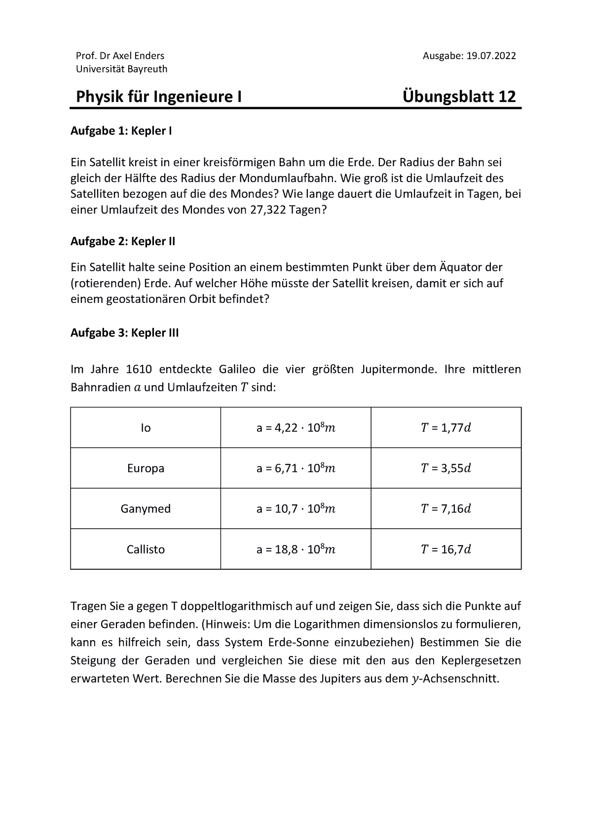 Übungsblatt 12 - Physik Für Ingenieure - Prof. Dr Axel Enders Ausgabe ...