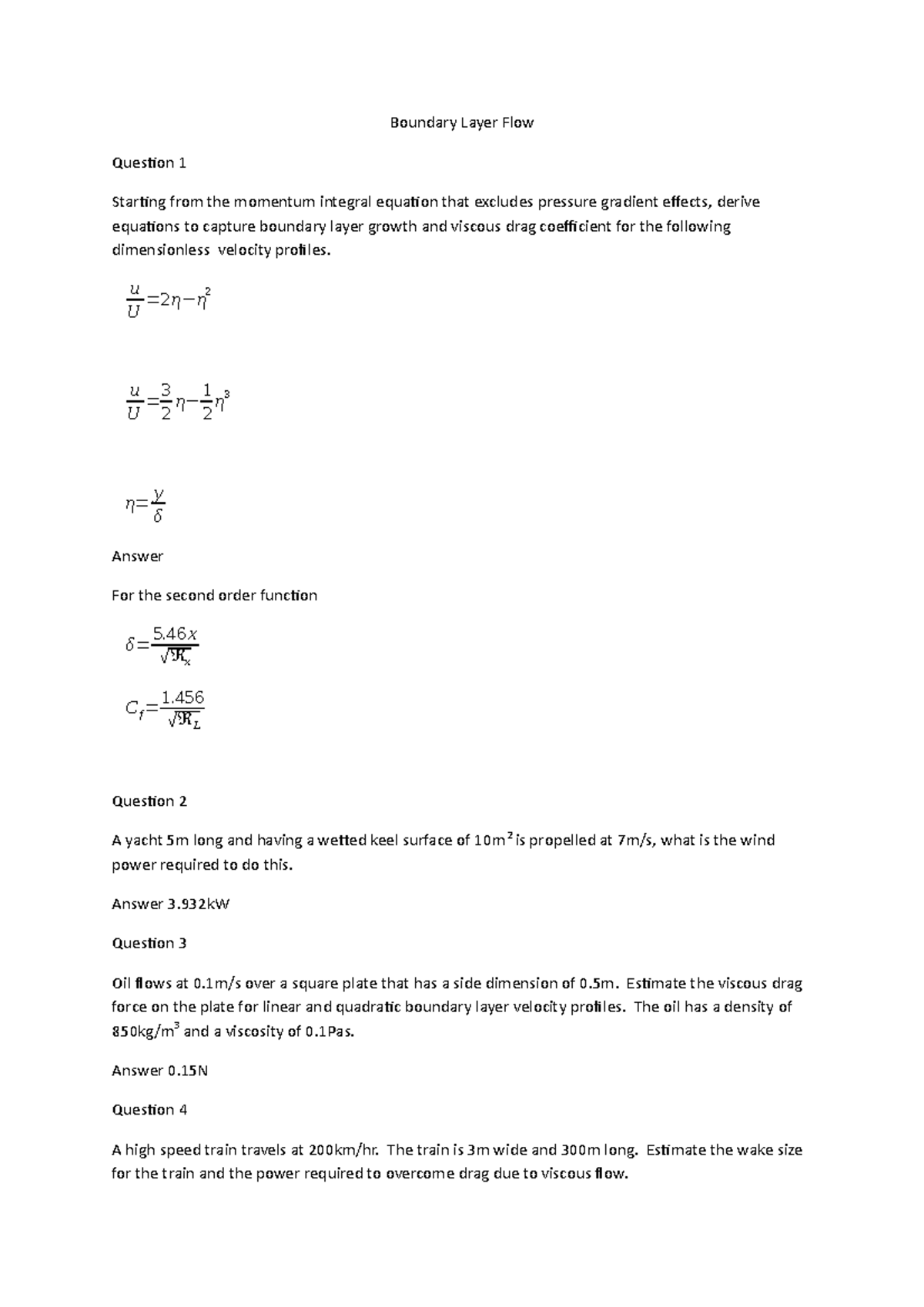 Boundary Layer Flow Example Sheet - Boundary Layer Flow Question 1 ...