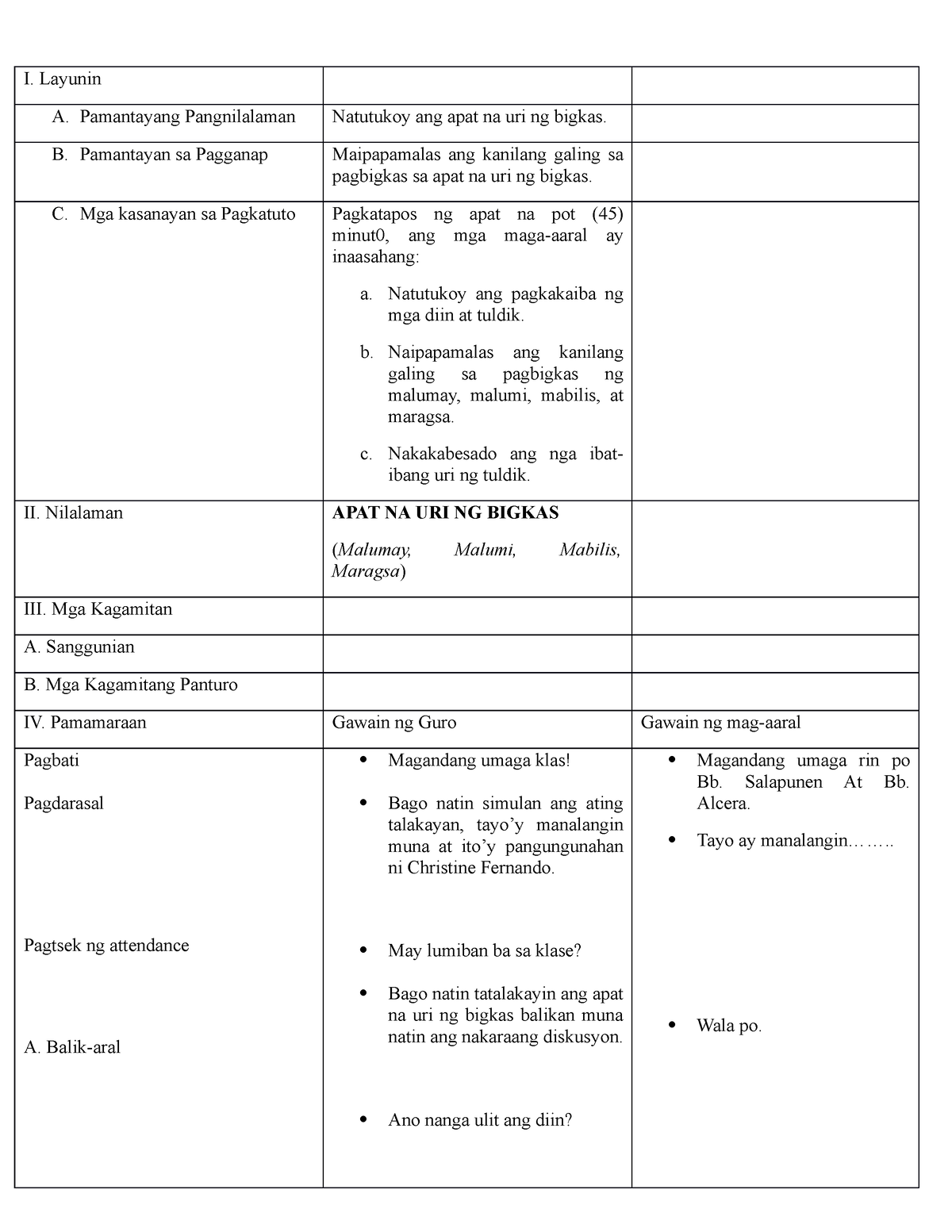 Fil DLP - Lesson Plan Only - I. Layunin A. Pamantayang Pangnilalaman ...