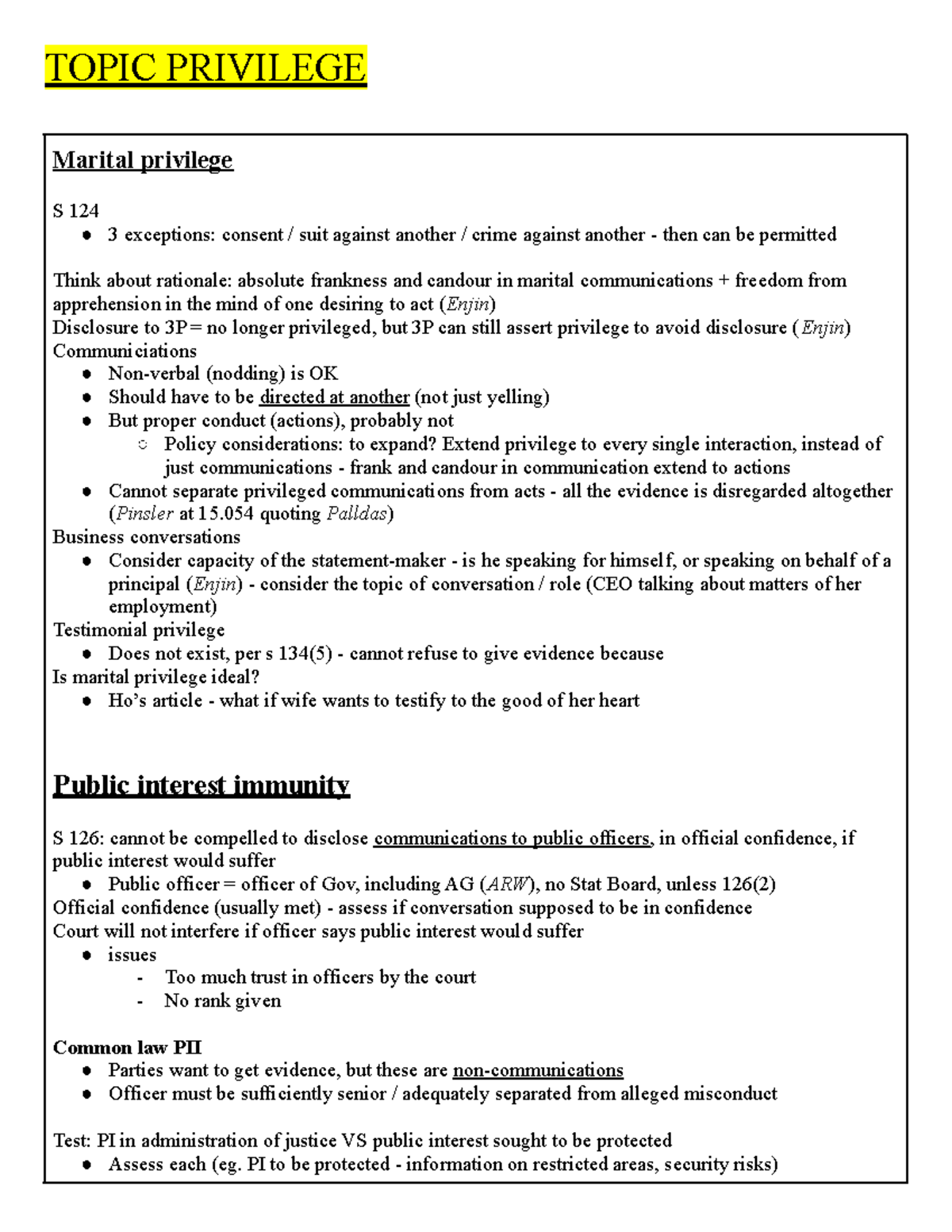 Privilege short Evidence TOPIC PRIVILEGE Marital privilege S 124 3