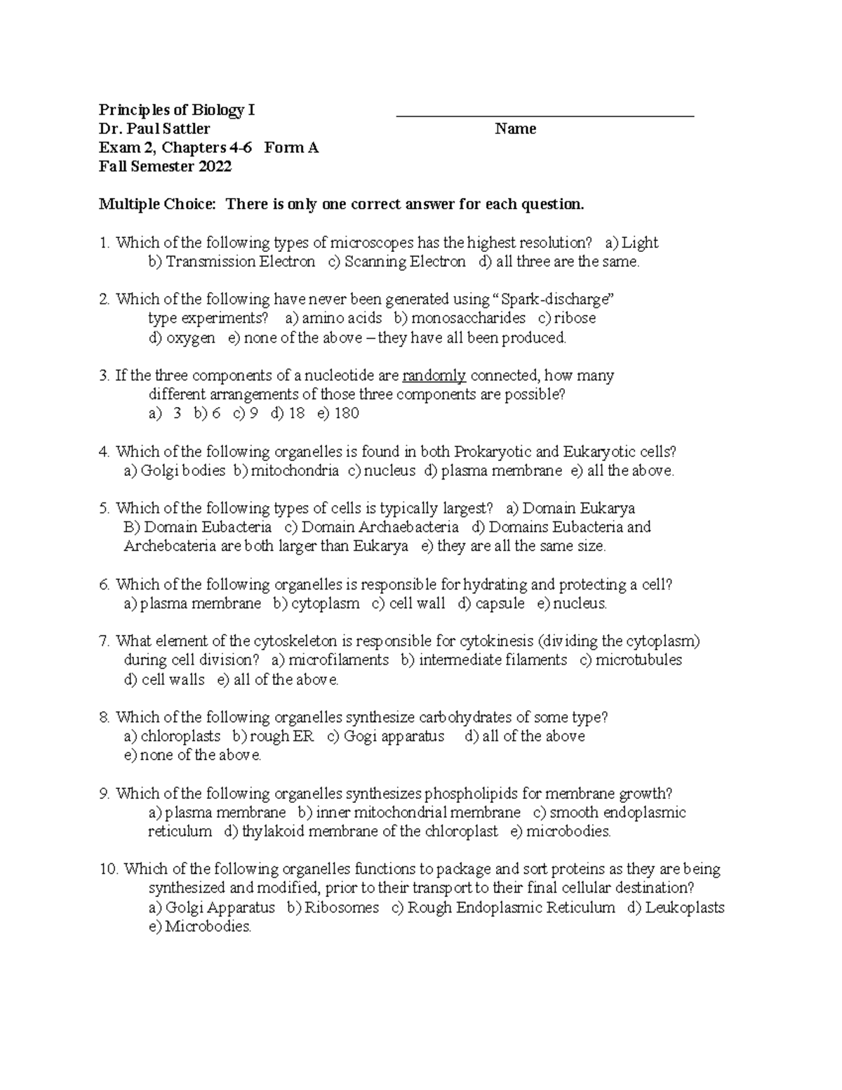 Key Exam 2 Spring semester - Principles of Biology I Dr. Paul Sattler ...