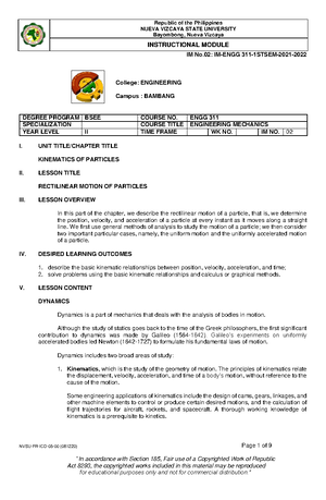 IM1 Engineering Mechanics - IM No: IM-ENGG 311-1STSEM-2021- NVSU-FR-ICD ...