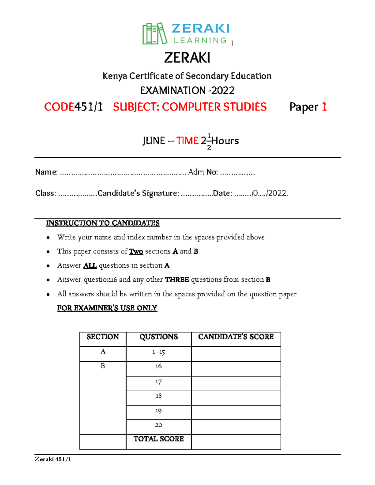 Computer Studies Form 3 - Question paper 052434 - ZERAKI Kenya ...