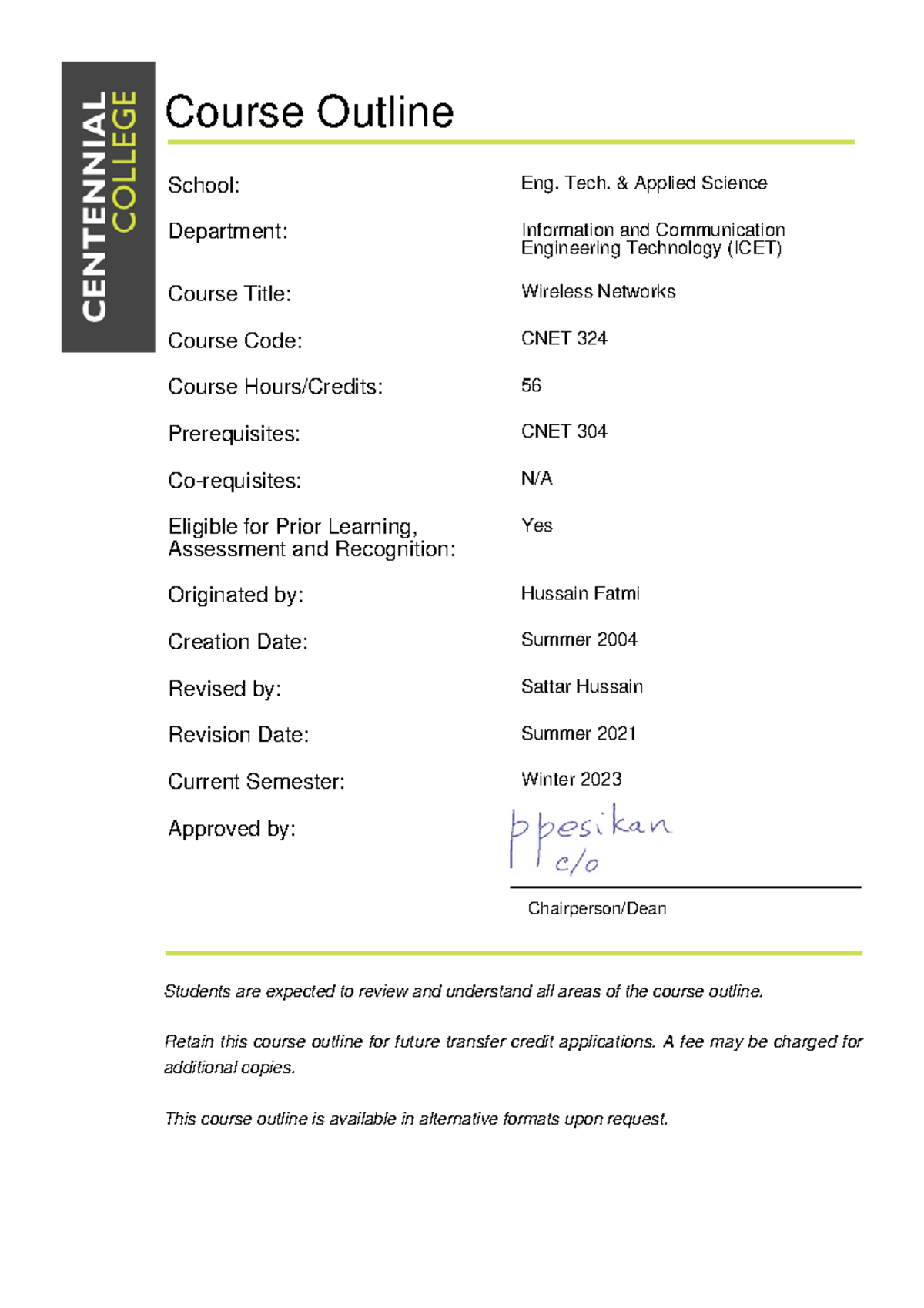 CNET 324 - Wireless Networks - Course Outline Chairperson/Dean Students ...