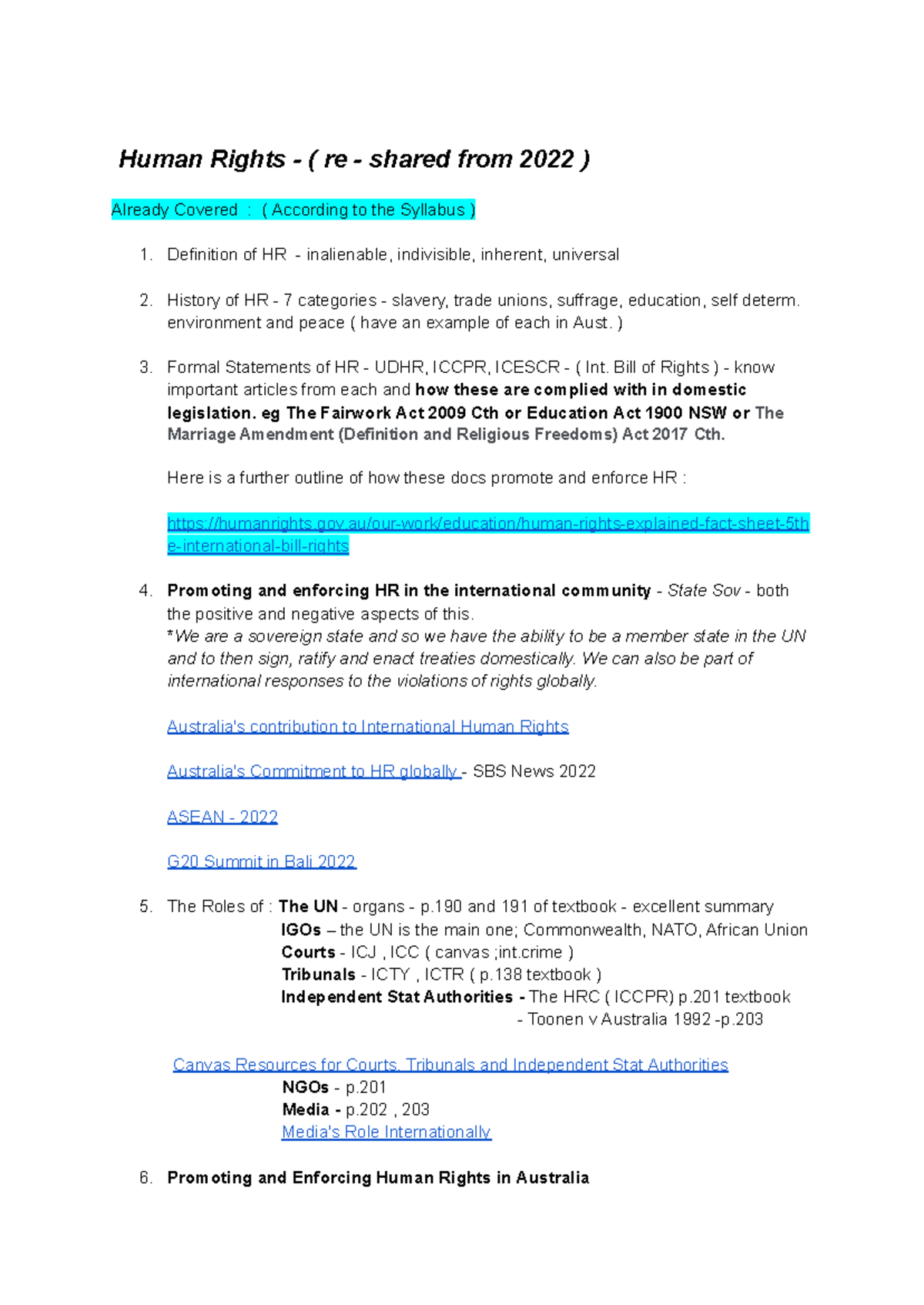 Human Rights Revision 2022 - Human Rights - ( re - shared from 2022 ...