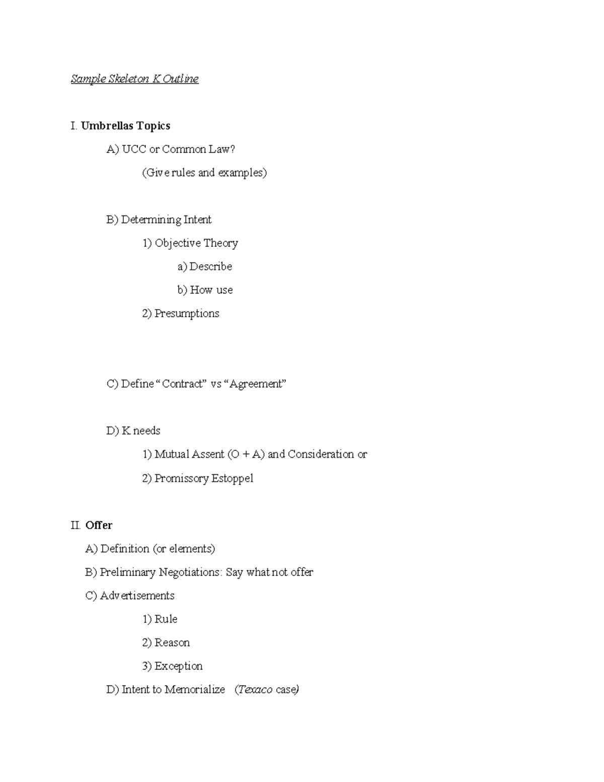 Sample Skeleton K Outline - Umbrellas Topics A) UCC or Common Law ...
