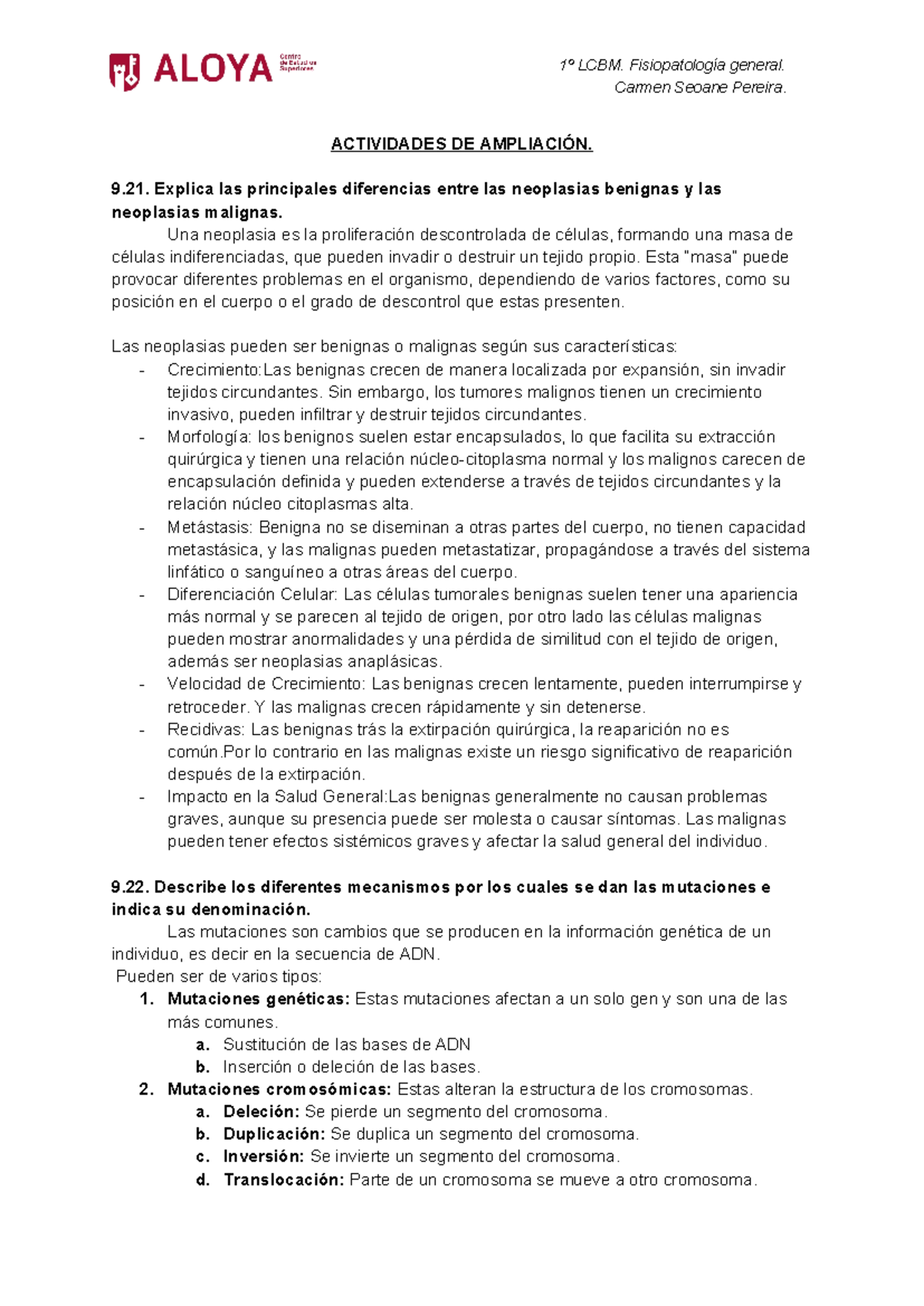 Carmen Seoane - Actividades DEL TEMA 9 - 1º LCBM. Fisiopatología ...