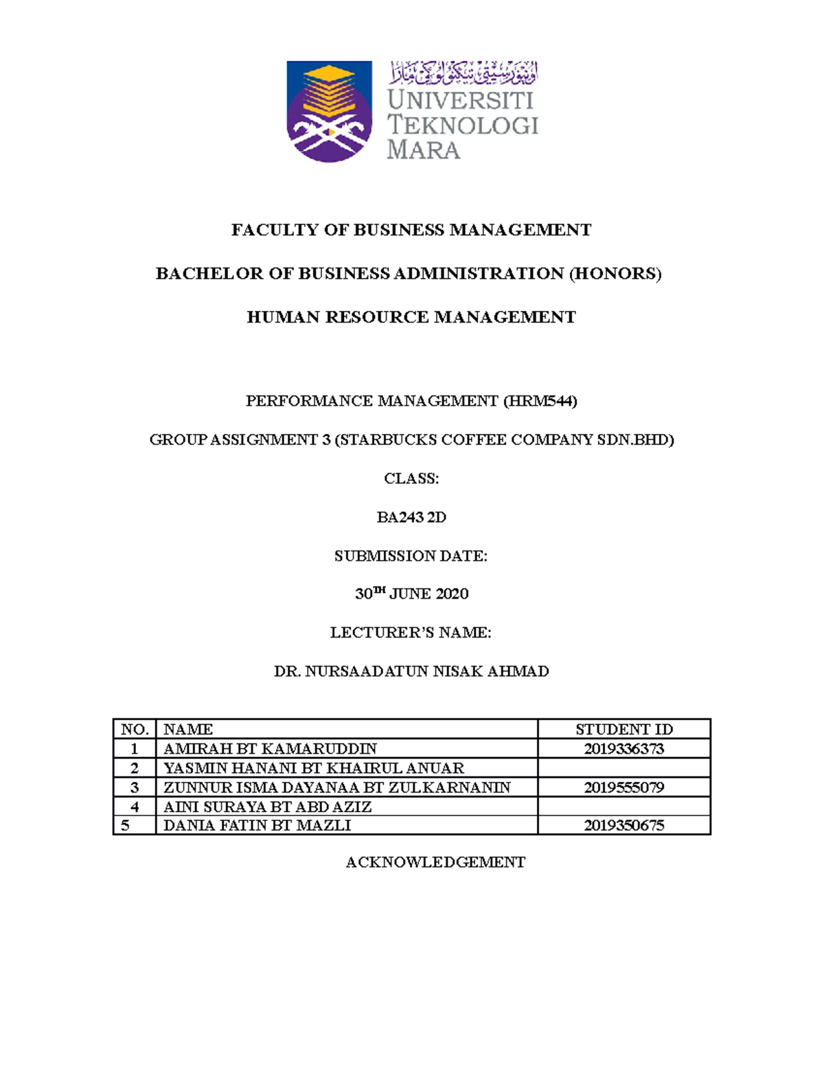 Report PM Starbucks Company - FACULTY OF BUSINESS MANAGEMENT BACHELOR ...