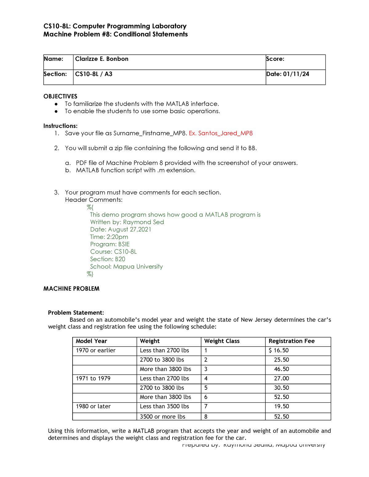 CS10-8L MP8 - Machine Problem 8 - CS10-8L: Computer Programming ...