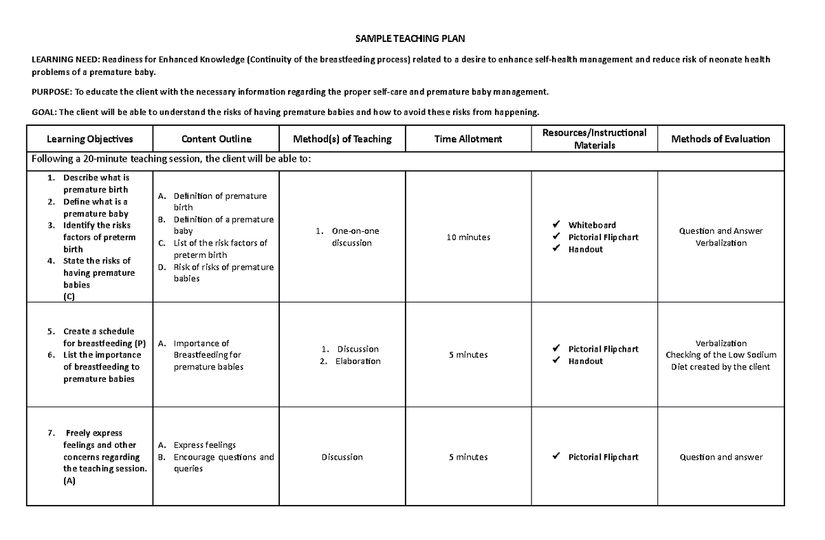 Health Teaching Plan Sample Teaching Plan Learning Need Readiness For Enhanced Knowledge 4491