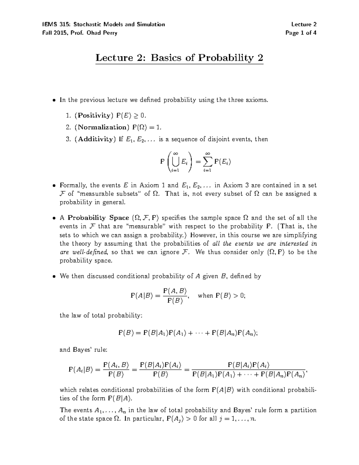 315-Lec2 - Lecture Notes 2 - IEMS 315: Stochastic Models And Simulation ...