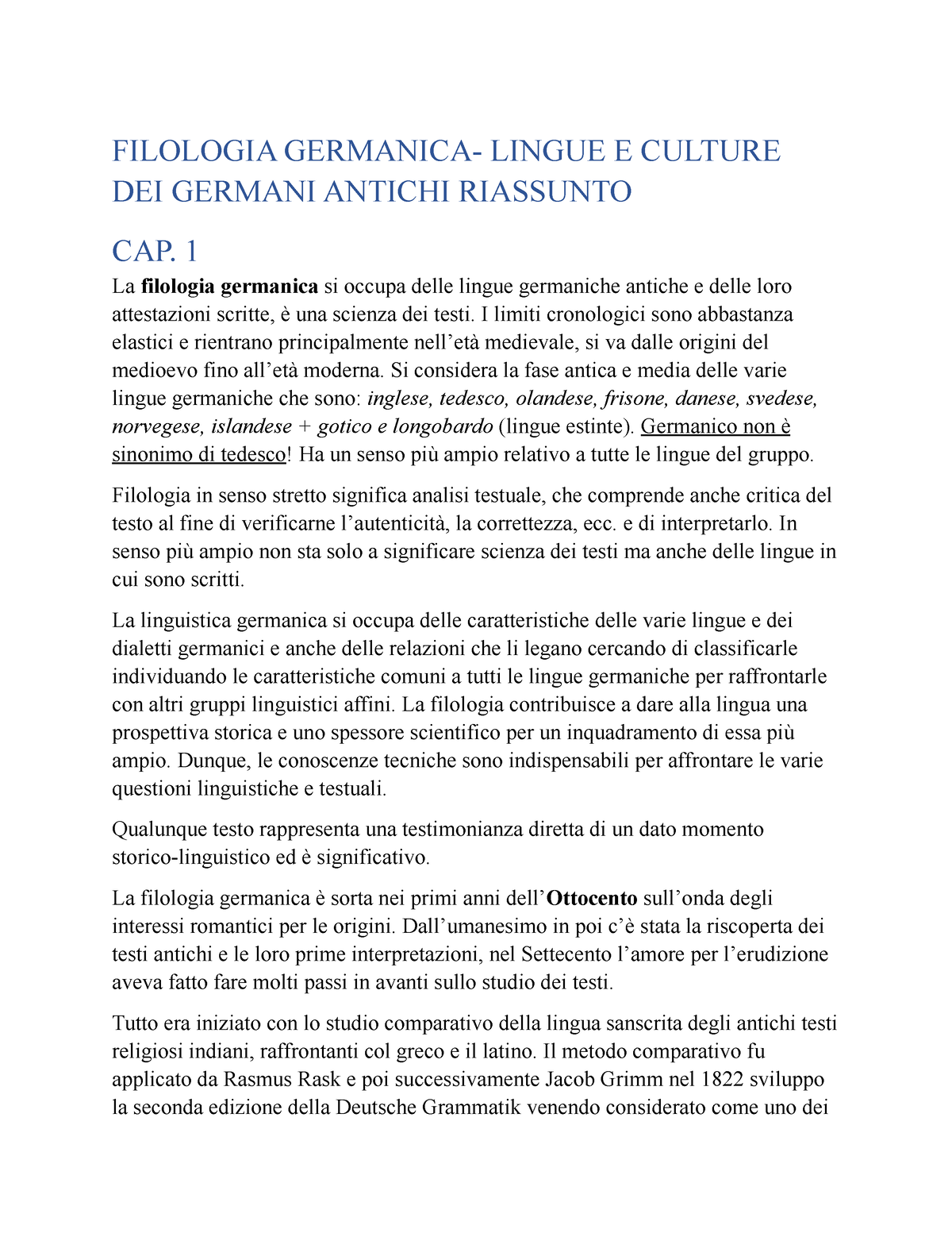 Riassunto completo di Filologia Germanica (Lingua e Storia)