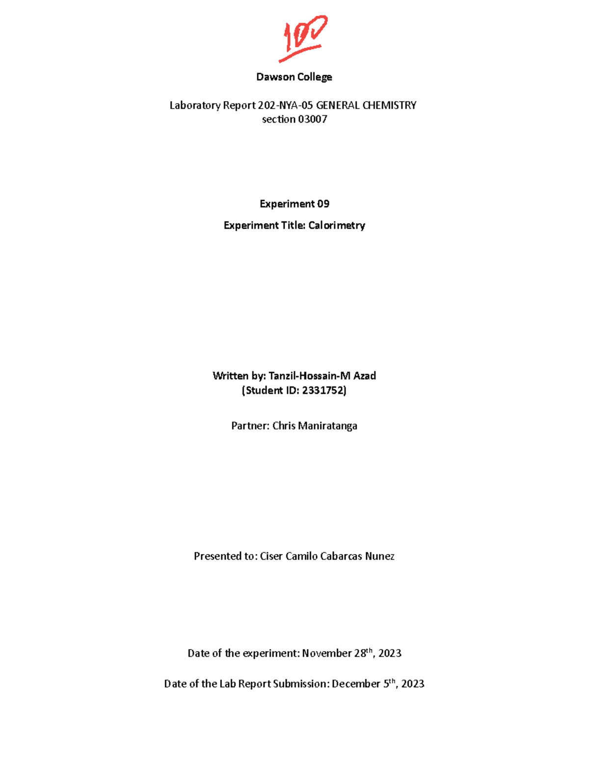 Calorimetry of General Chemistry Dawson College Laboratory Report 202