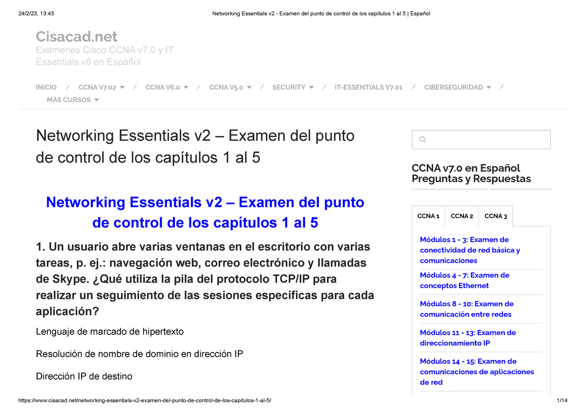 Networking Essentials V2 - Examen Del Punto De Control De Los Capítulos ...