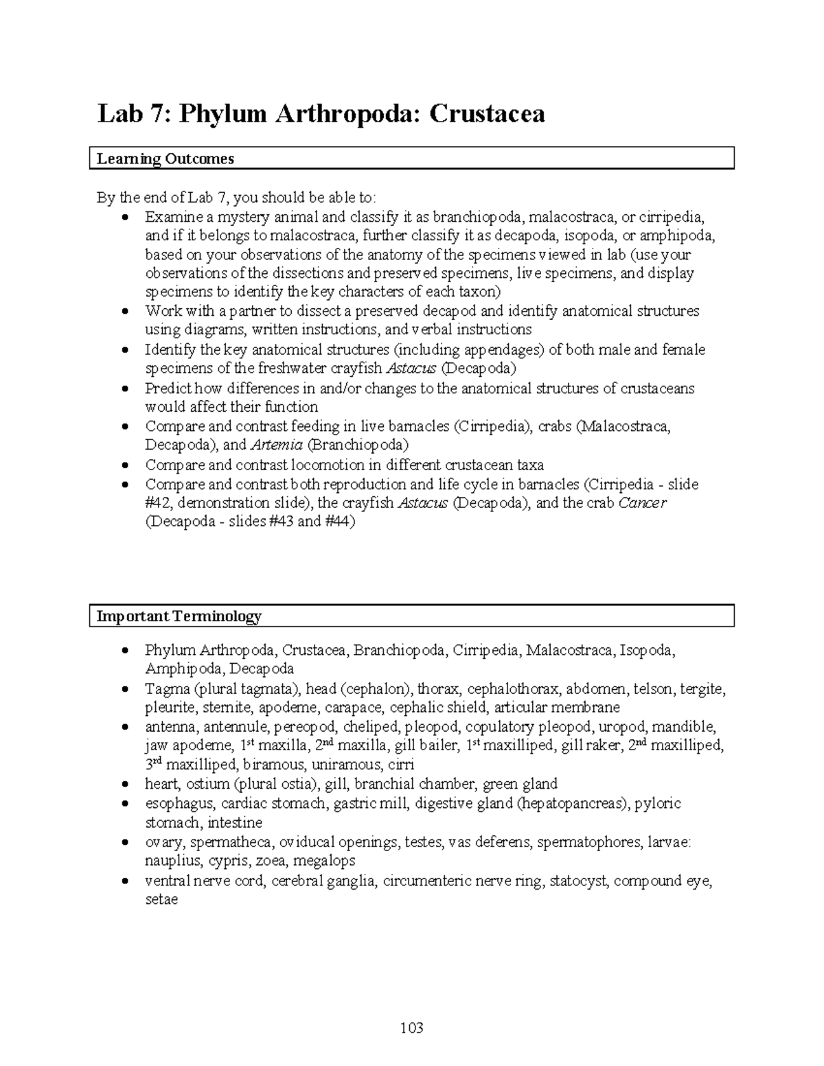 BIOL 205 Lab Manual 2022 Lab 7 posted - Lab 7: Phylum Arthropoda ...