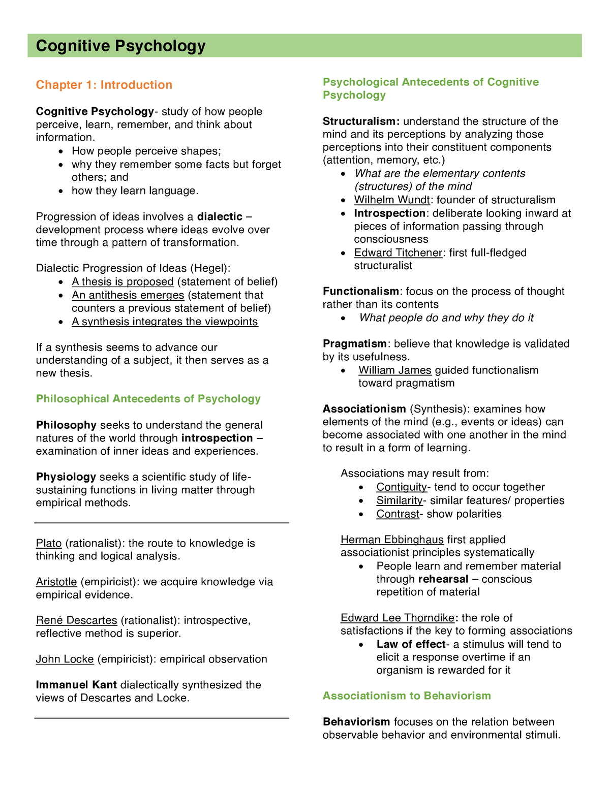 Cognitive Psychology Chapter 1-6 Summary - Cognitive Psychology Chapter ...