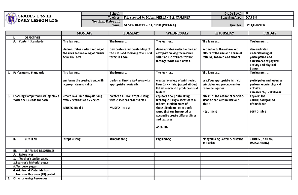 DLL Quarter 3 Week 4 Mapeh 5 - GRADES 1 to 12 DAILY LESSON LOG School ...