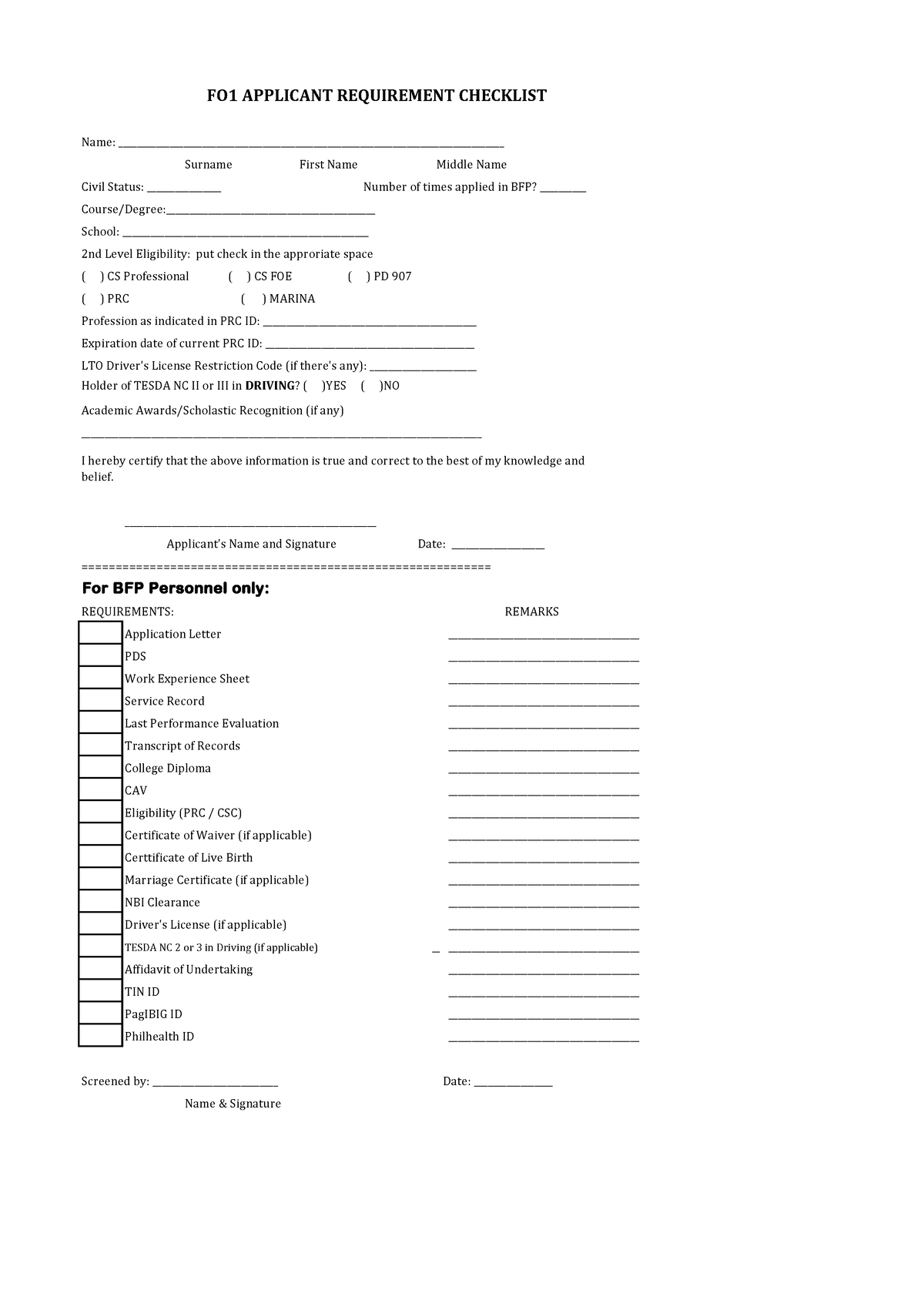 FO1 Applicant Requirement Checklist - Name: - Studocu