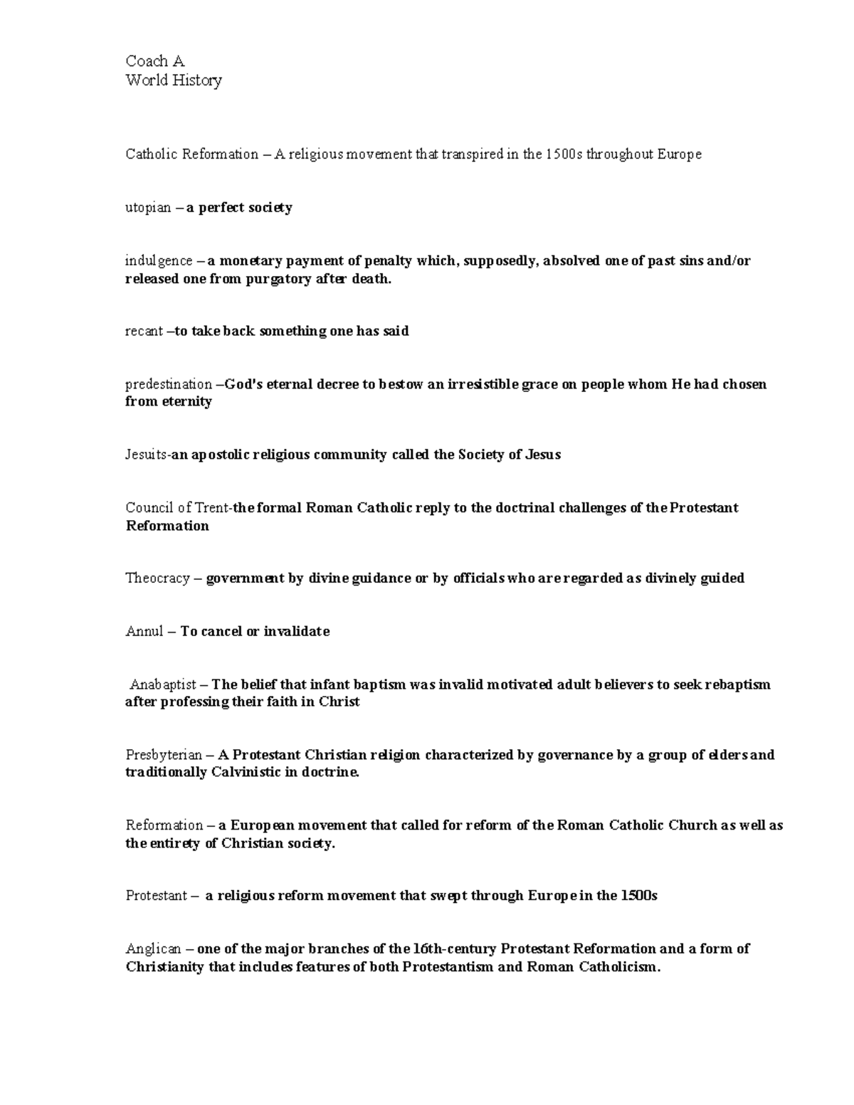Copy of Reformation Vocabulary - Coach A World History Catholic ...