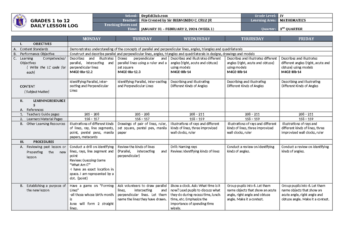 DLL Mathematics-4 Q3 W1 - GRADES 1 to 12 DAILY LESSON LOG School ...