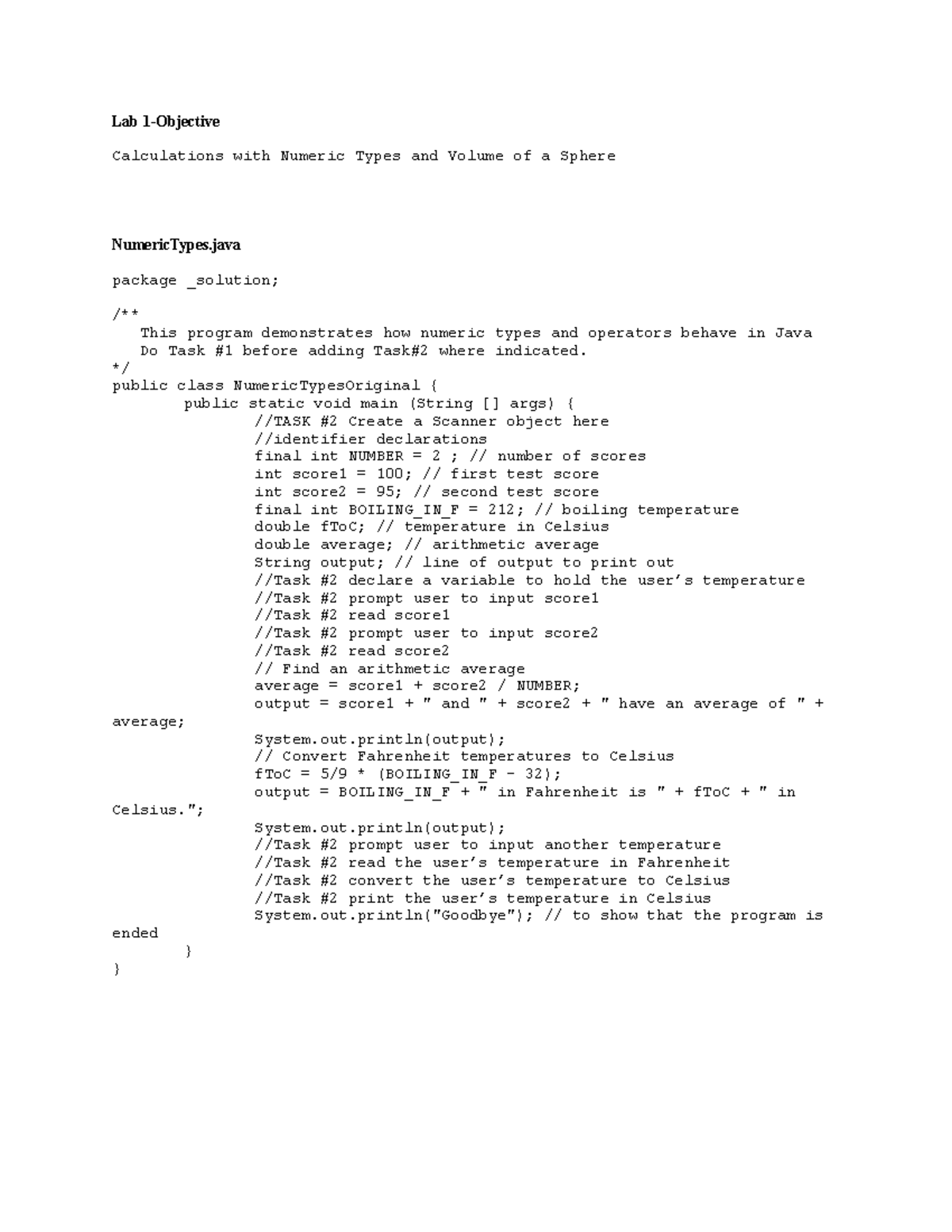 Computer Science I Lab 1 - Rubric - Lab 1-Objective Calculations with ...