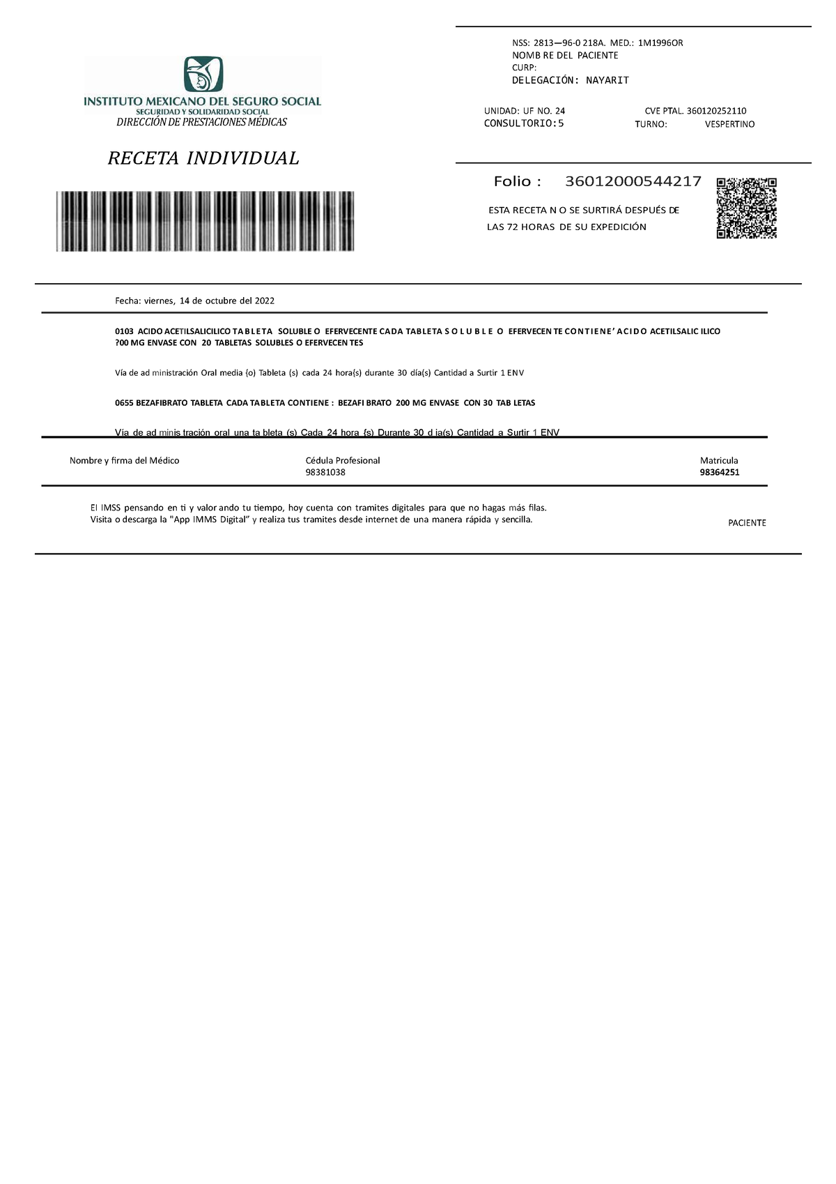 Receta-IMSS editable - Receta medica para uso didáctico - Fecha: viernes,  14 de octubre del 2022 - Studocu