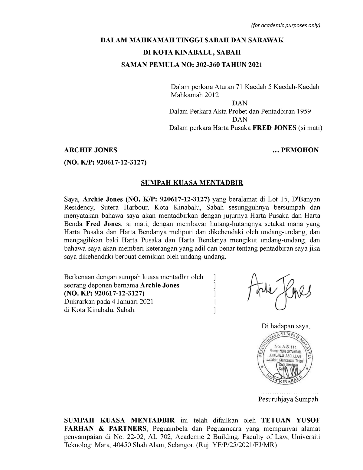 Surat Sumpah Kuasa Mentadbir Non Contentious Legal Matters Law 600 Studocu