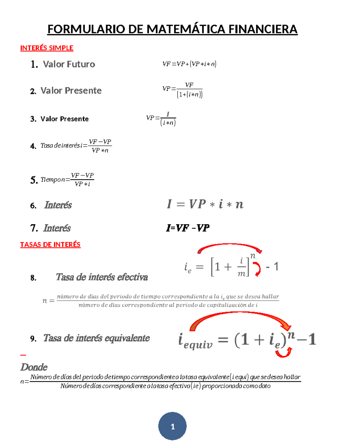 Formulario - ASDV - ####### FORMULARIO DE MATEMÁTICA FINANCIERA INTERÉS ...
