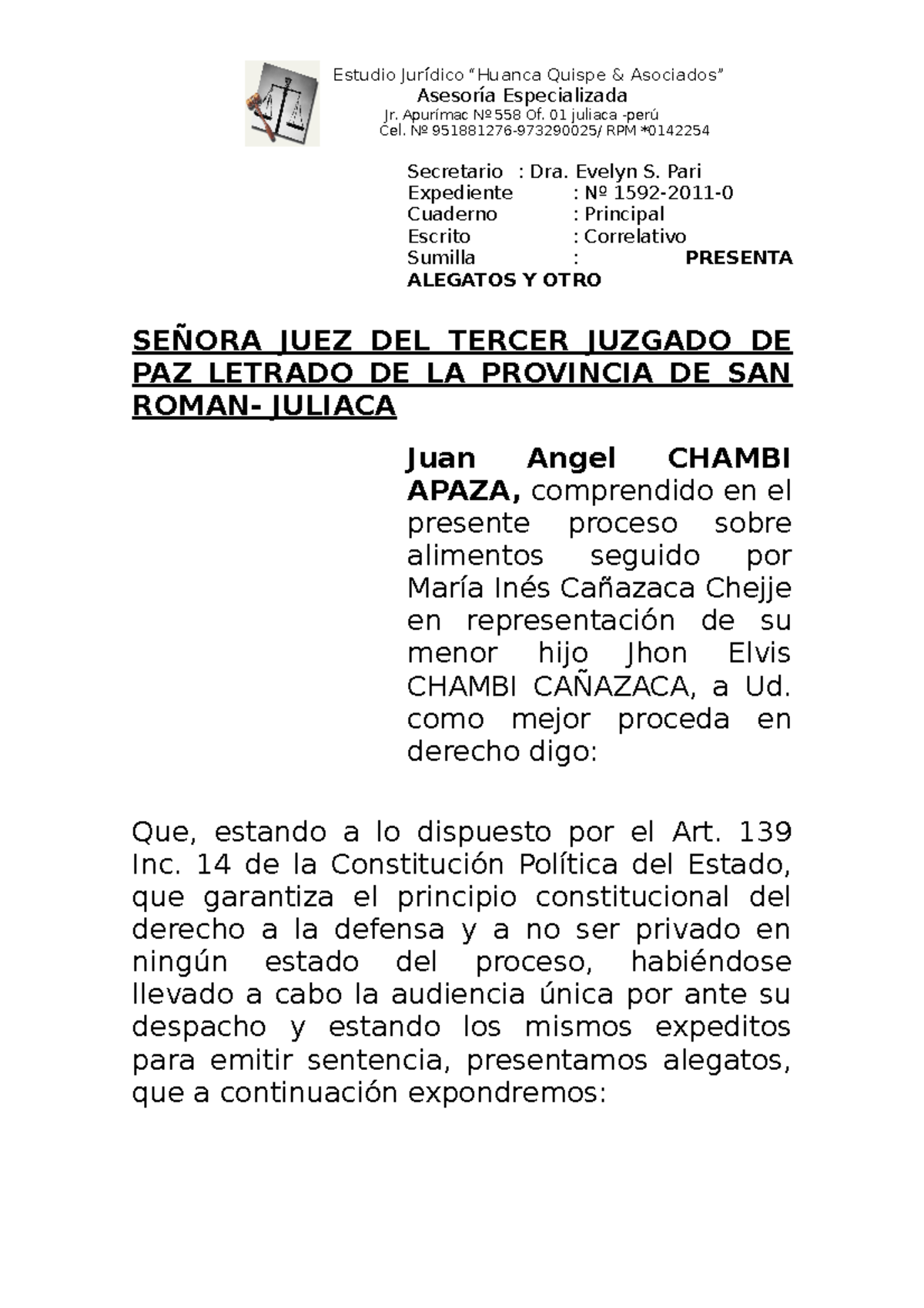 86813069 Alegatos EN Proceso DE Alimentos - Asesoría Especializada Cel. Nº  951881276-973290025/ RPM - Studocu