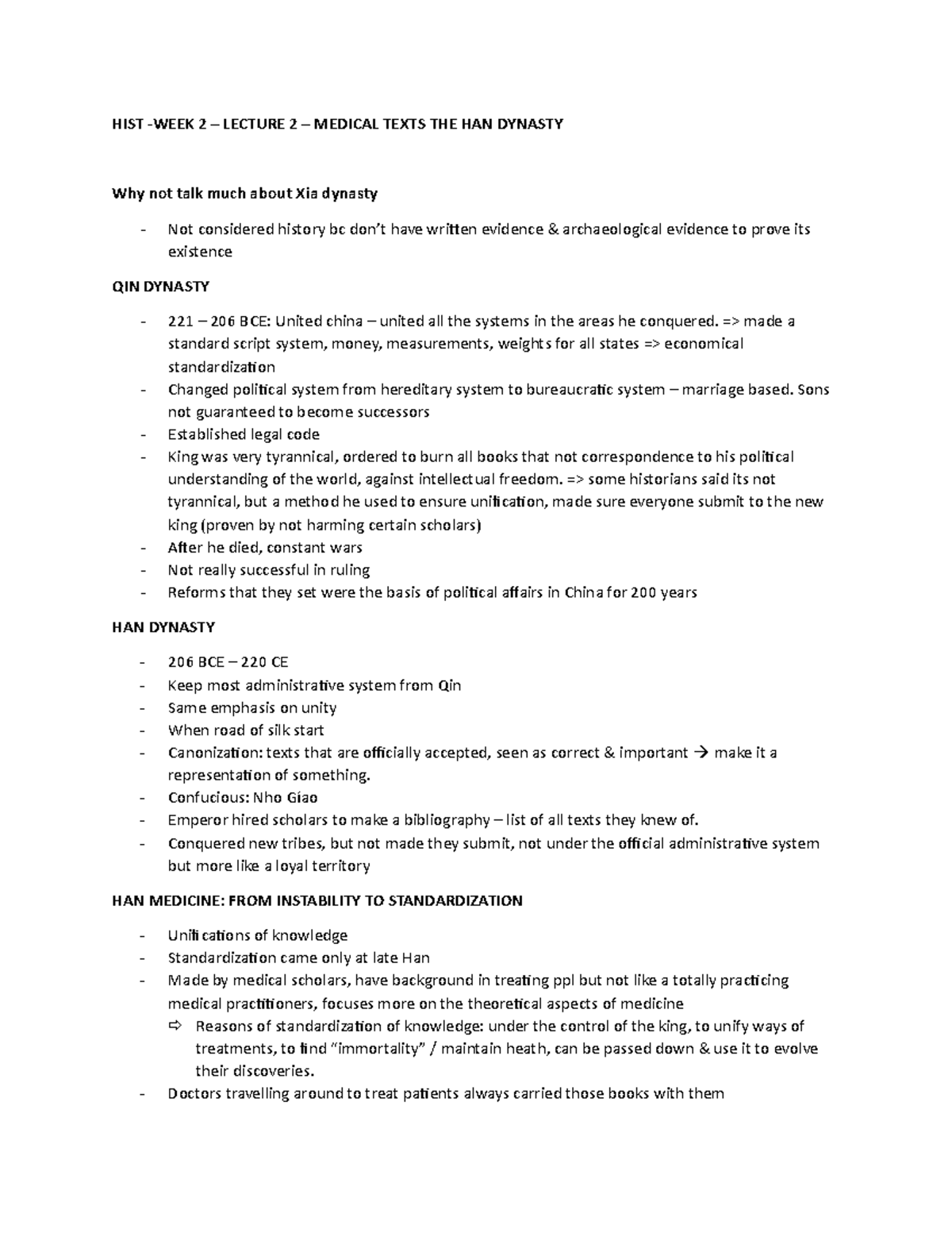 W2Lecture 2 notes HIST WEEK 2 LECTURE 2 MEDICAL TEXTS THE HAN